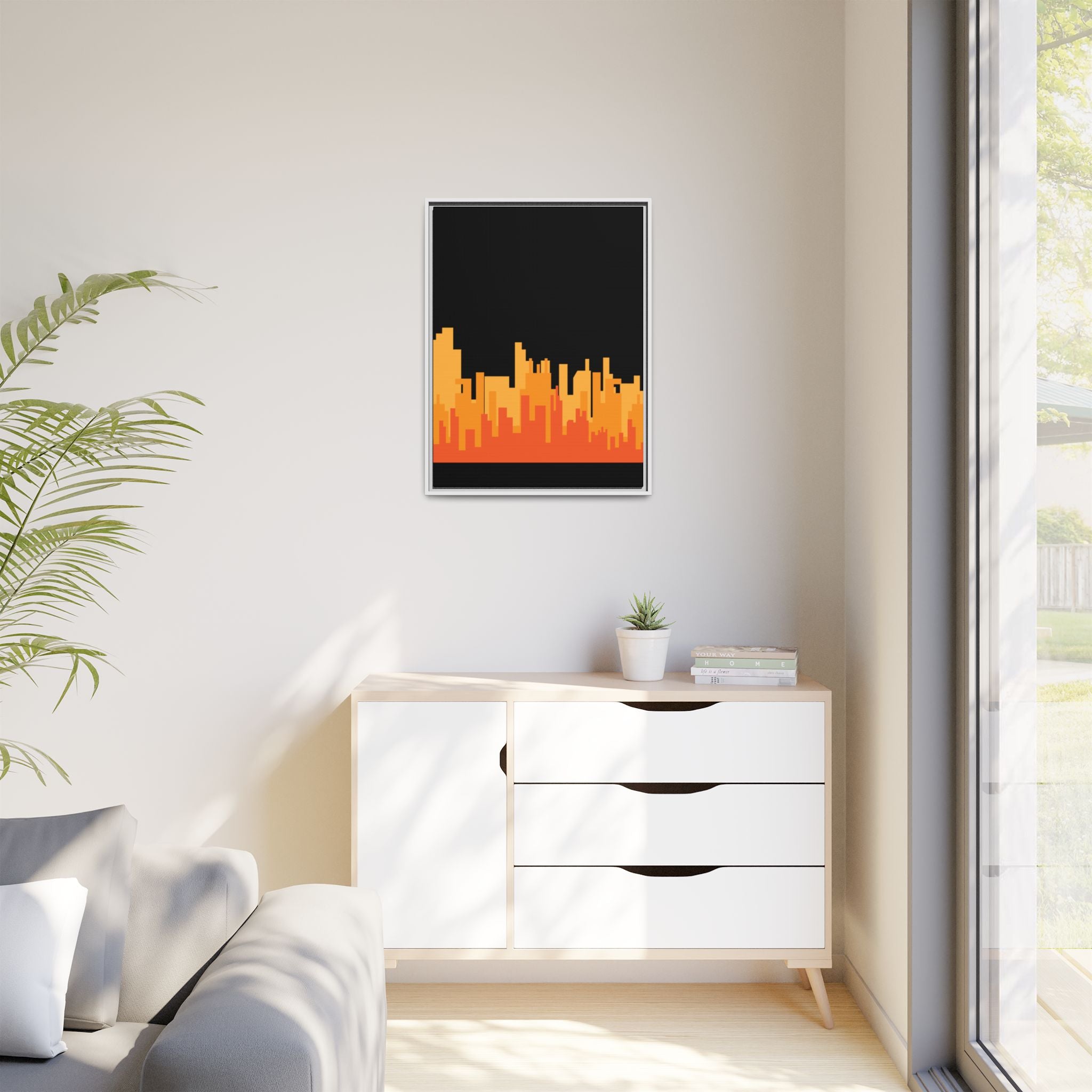 City Skyline Matte Canvas Print — Modern Pixelated Orange Urban Art (Framed)