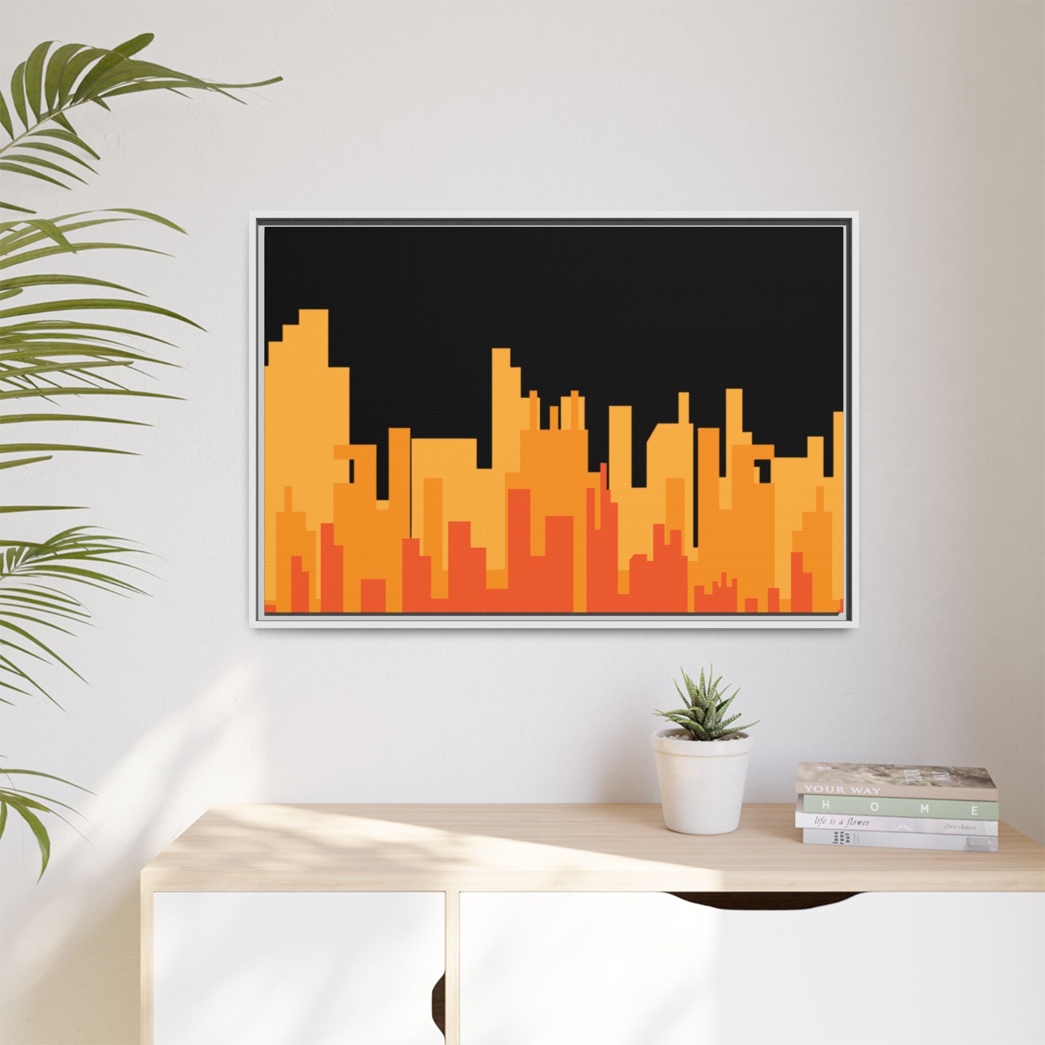 City Skyline Matte Canvas Print — Modern Pixelated Orange Urban Art (Framed)