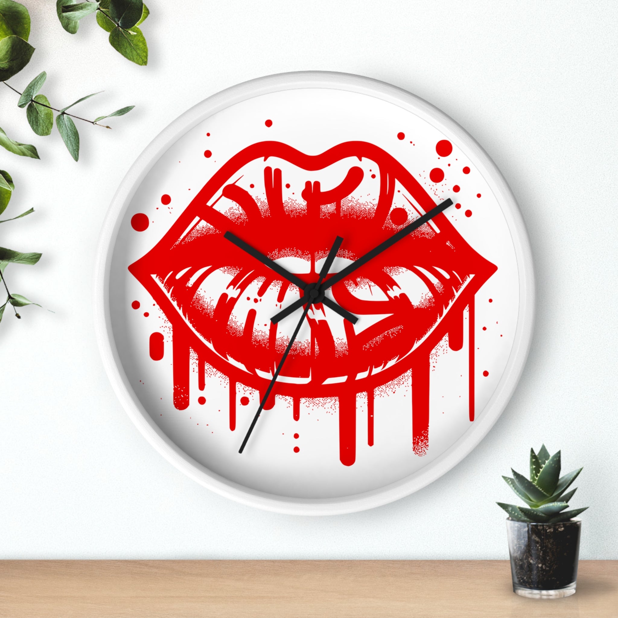 Red Graffiti Kiss Wall Clock on White — Bold Drip Lip Art Clock