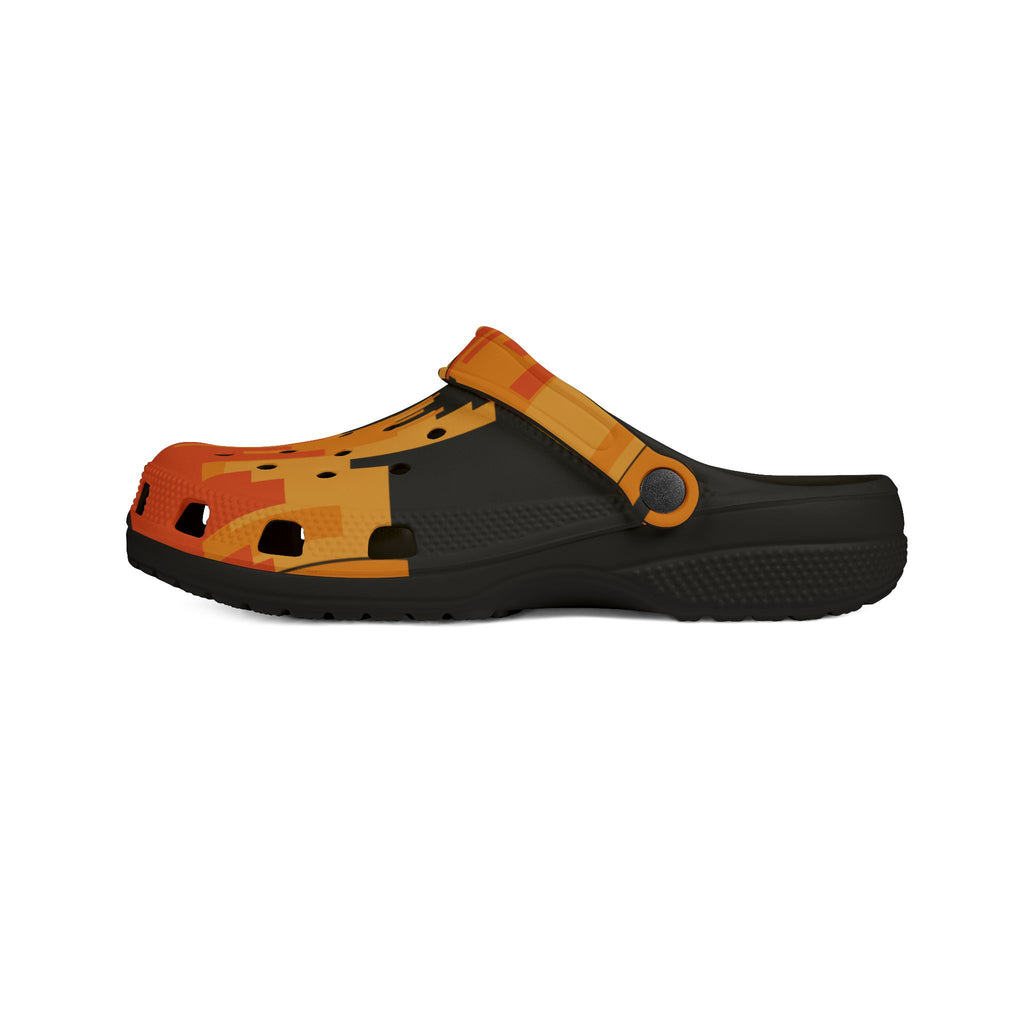 Vibrant Orange City Scape on Black Slide-On EVA Foam Shoes