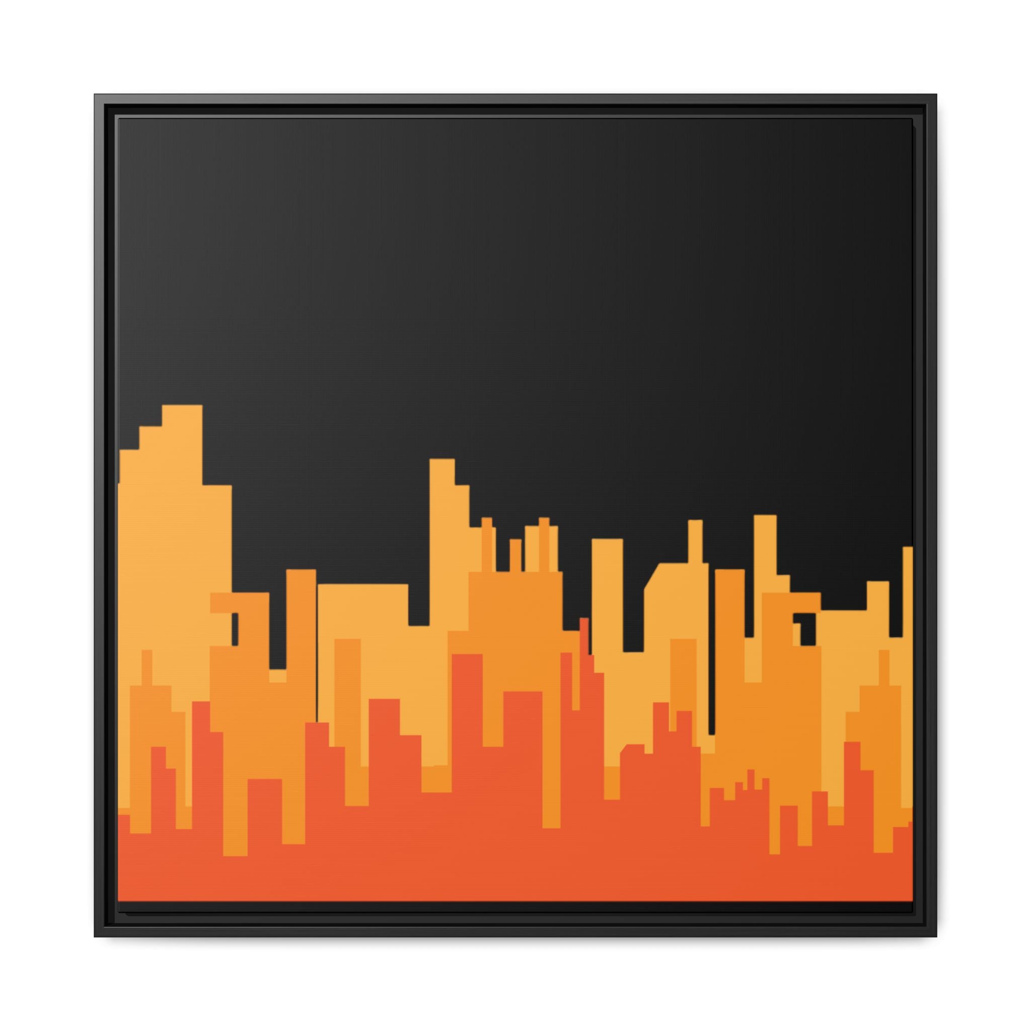 City Skyline Matte Canvas Print — Modern Pixelated Orange Urban Art (Framed)