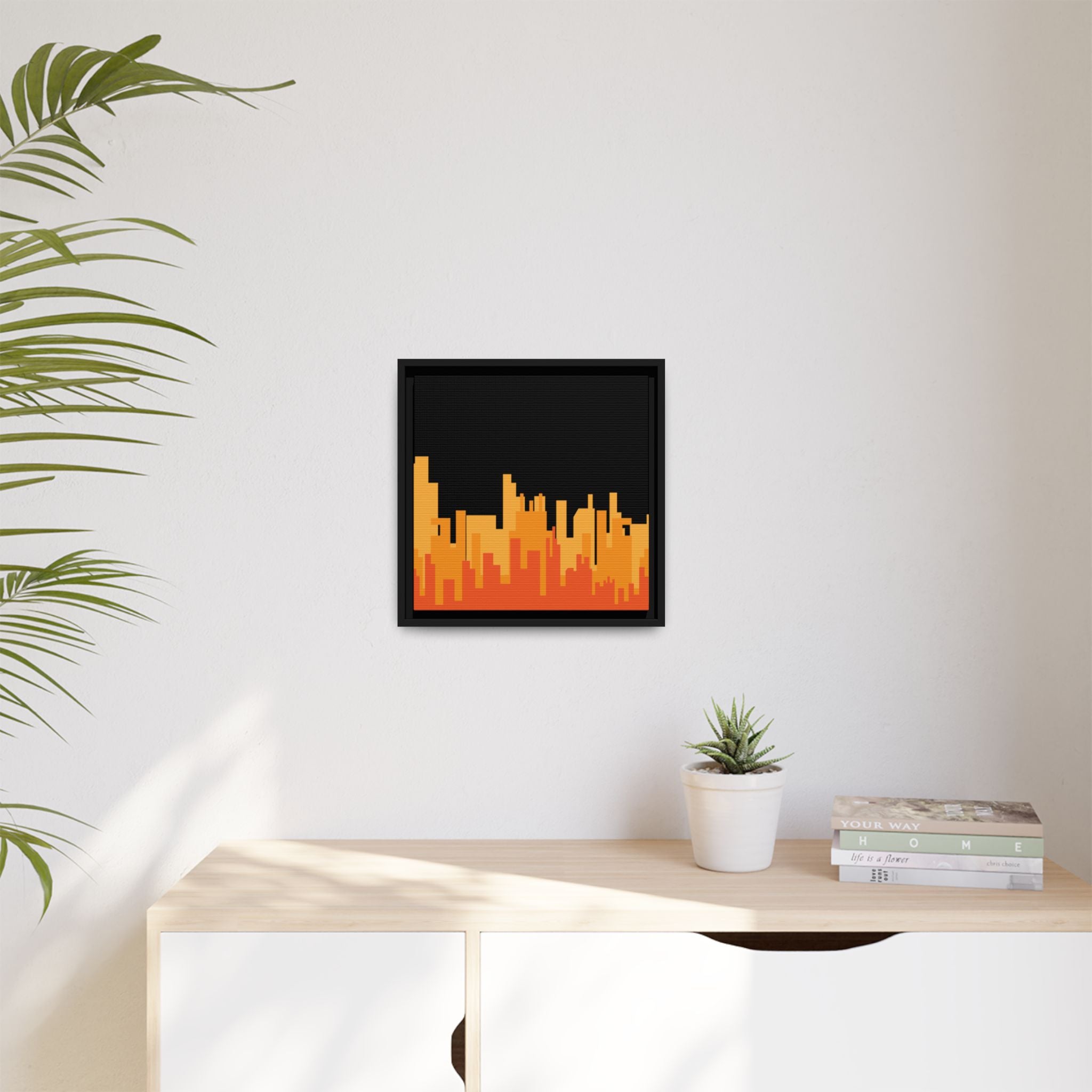 City Skyline Matte Canvas Print — Modern Pixelated Orange Urban Art (Framed)