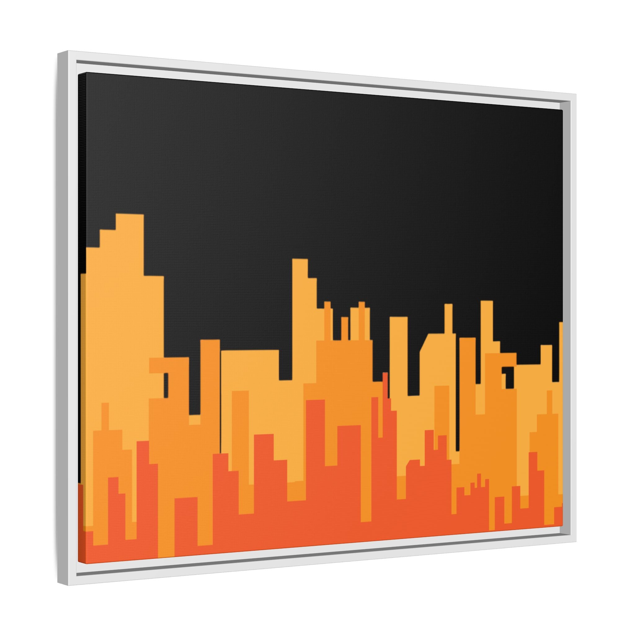 City Skyline Matte Canvas Print — Modern Pixelated Orange Urban Art (Framed)