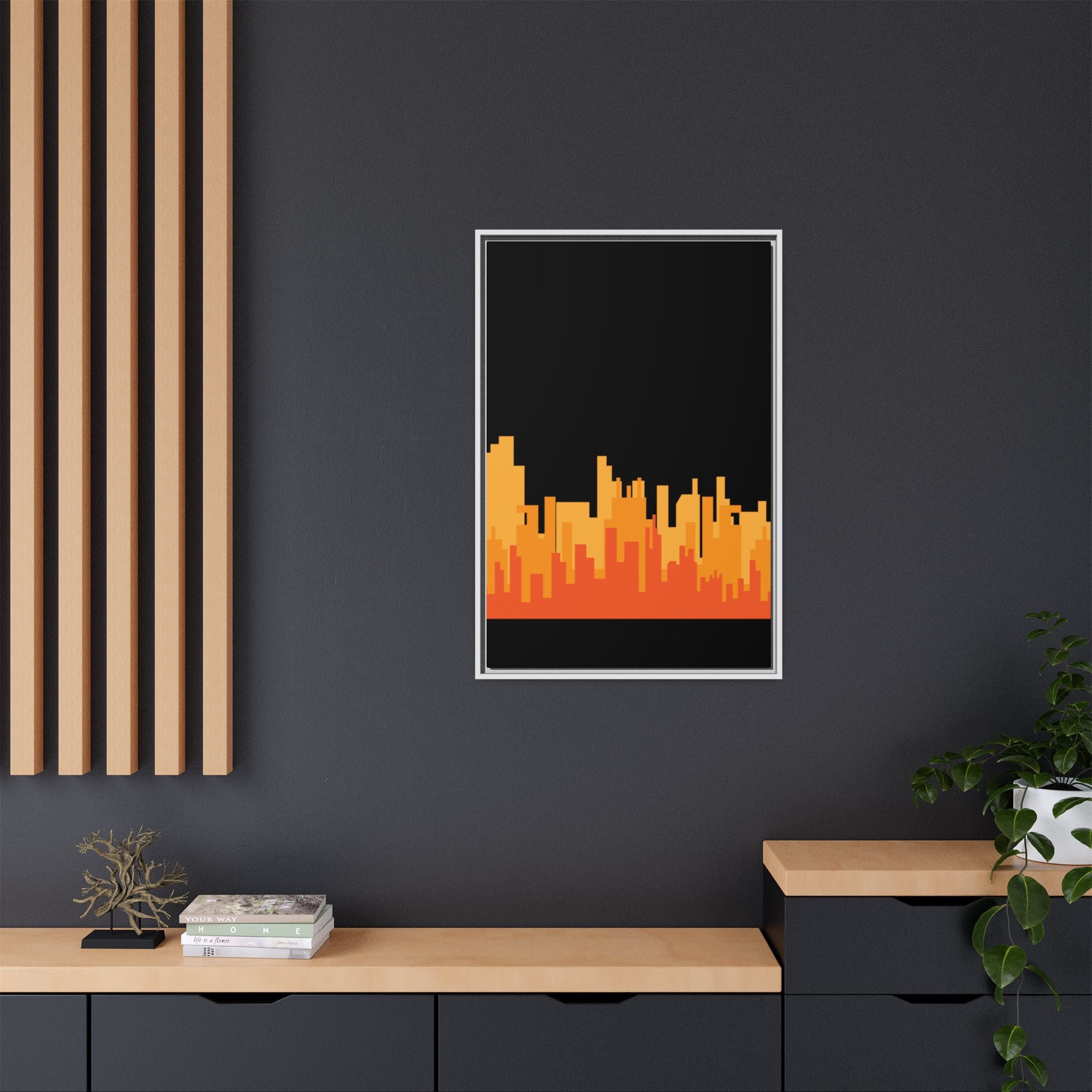 City Skyline Matte Canvas Print — Modern Pixelated Orange Urban Art (Framed)