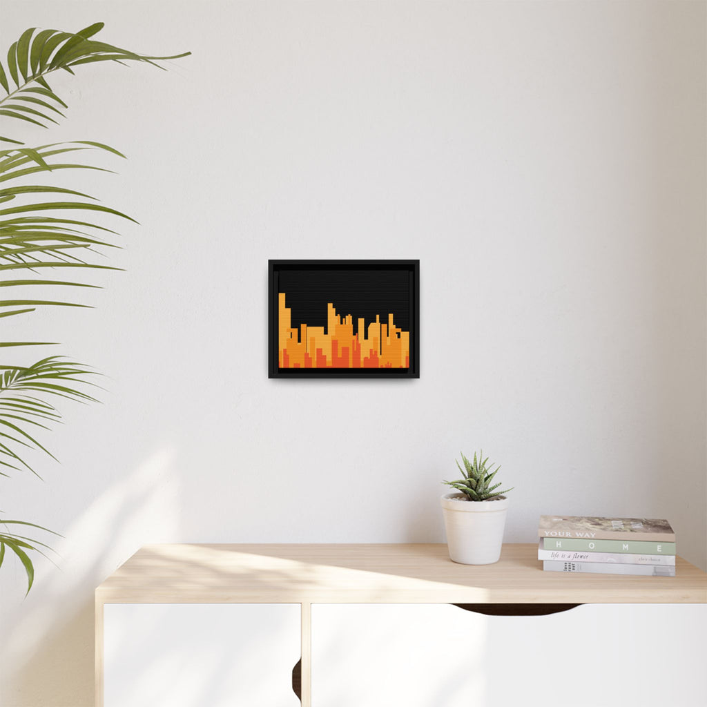 City Skyline Matte Canvas Print — Modern Pixelated Orange Urban Art (Framed)