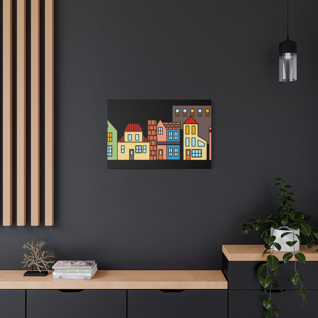 Colorful Row Houses Satin Canvas Wall Art — Stretched Cityscape Print