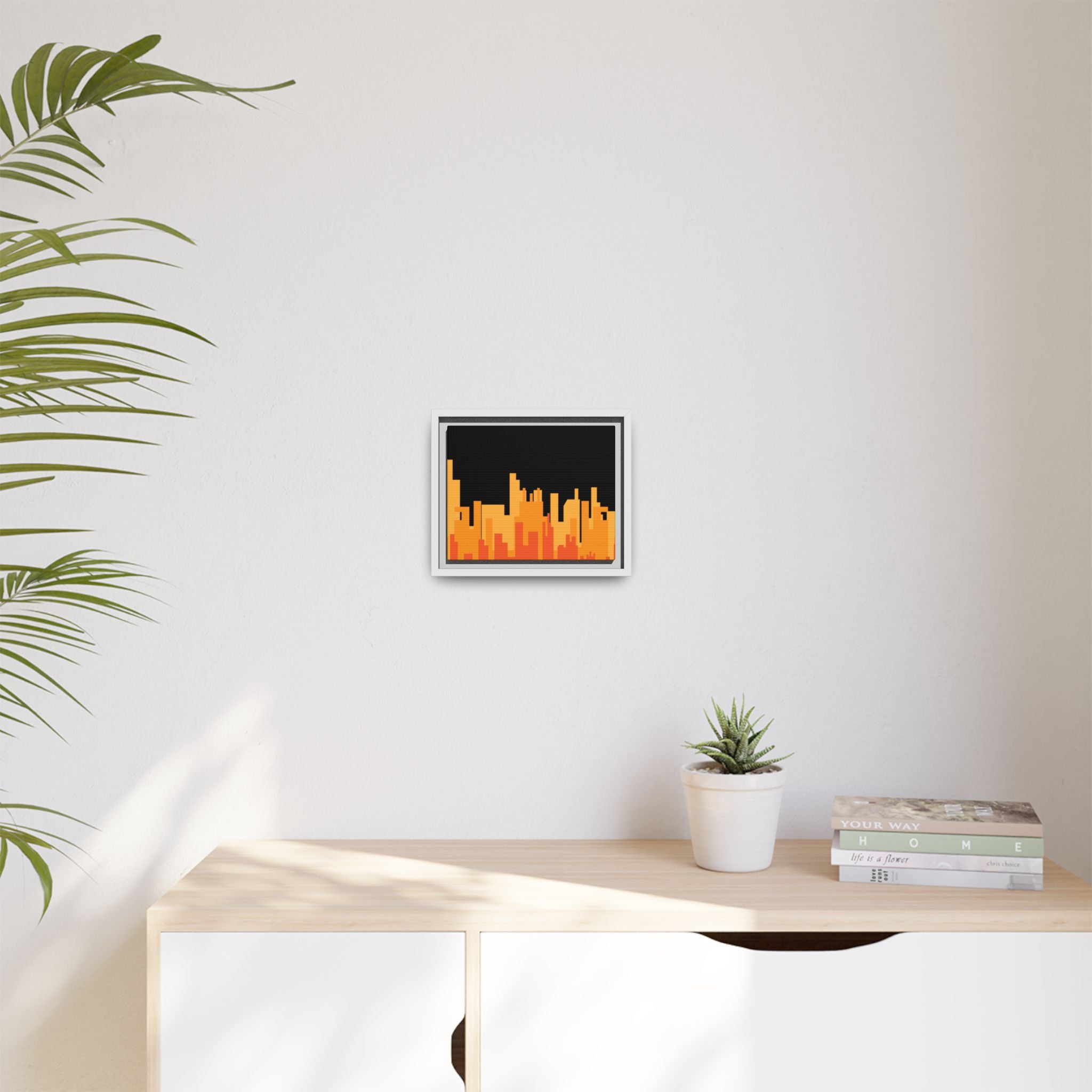 City Skyline Matte Canvas Print — Modern Pixelated Orange Urban Art (Framed)