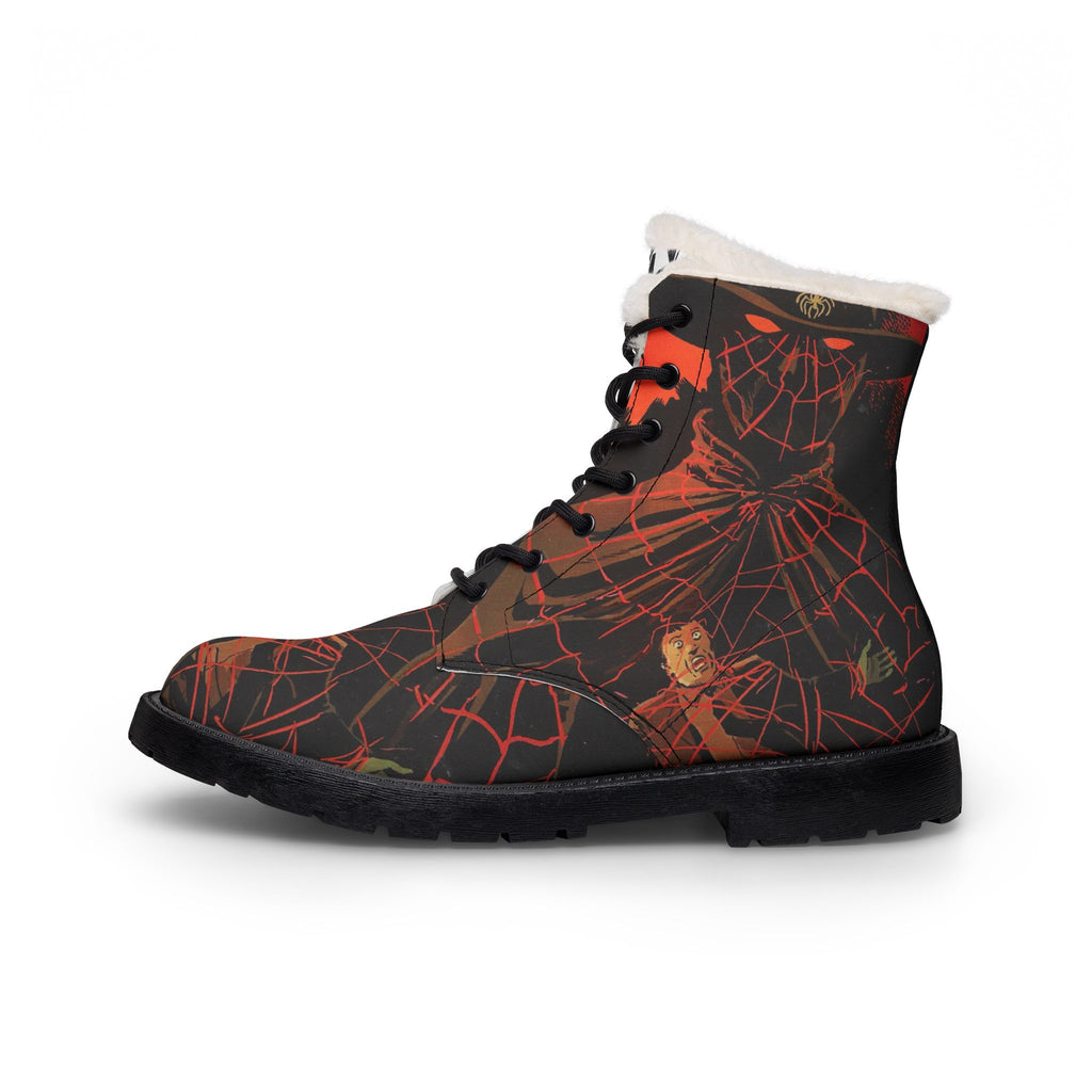 Women Fur-Lined Leather Boots — Fiery Spider Comic Print