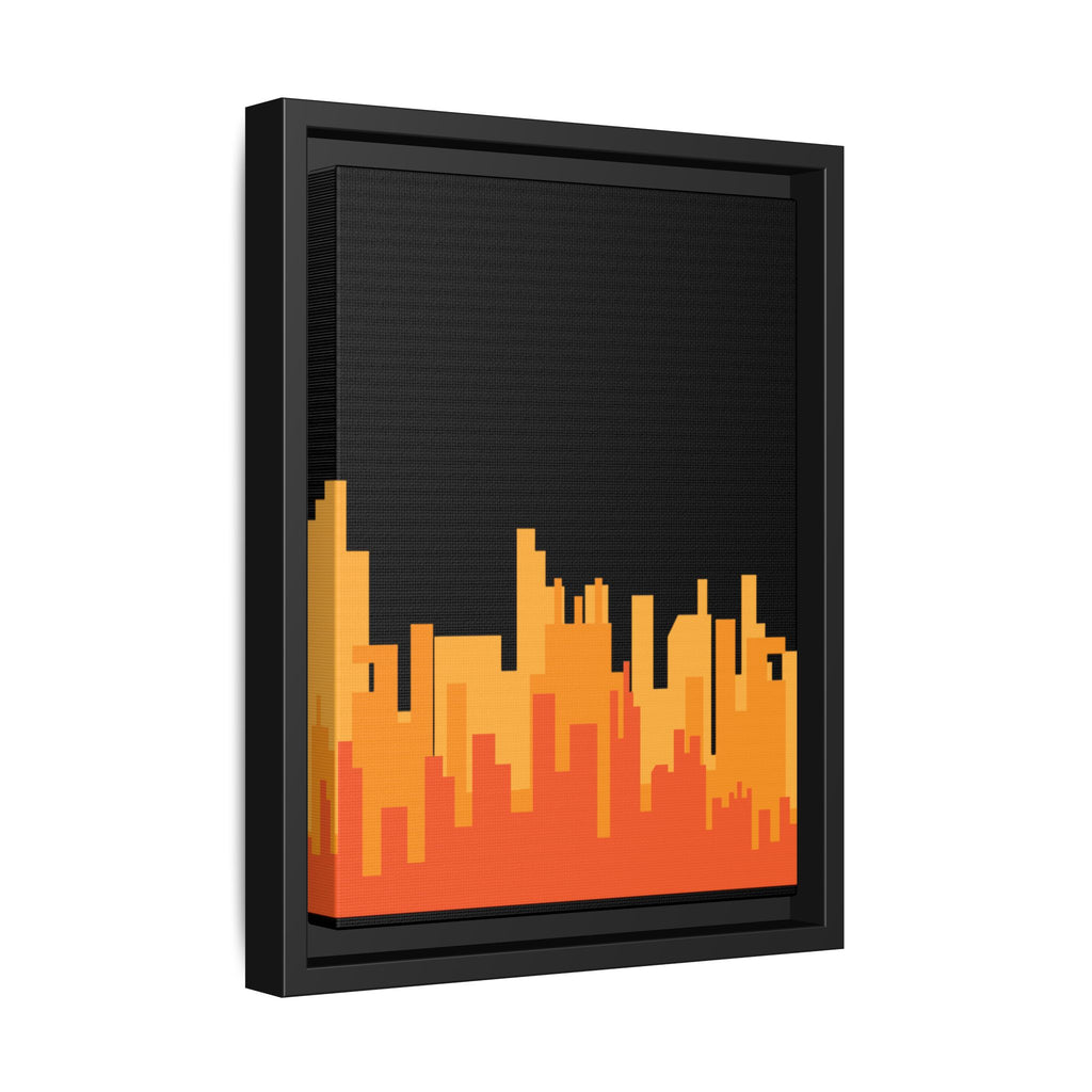 City Skyline Matte Canvas Print — Modern Pixelated Orange Urban Art (Framed)