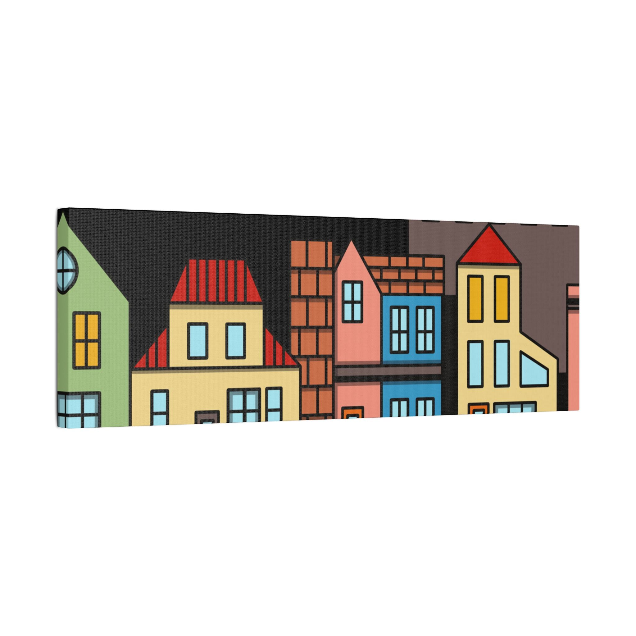 Colorful Row Houses Satin Canvas Wall Art — Stretched Cityscape Print