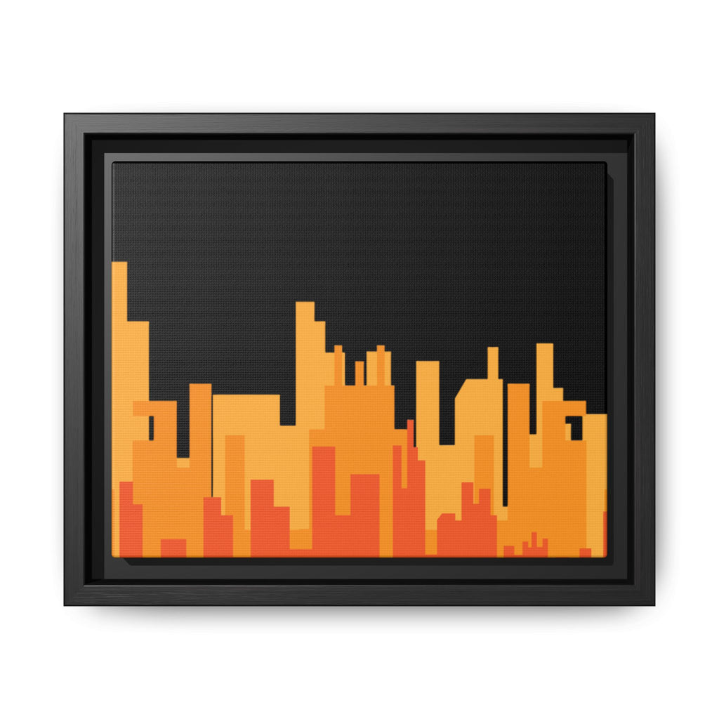 City Skyline Matte Canvas Print — Modern Pixelated Orange Urban Art (Framed)