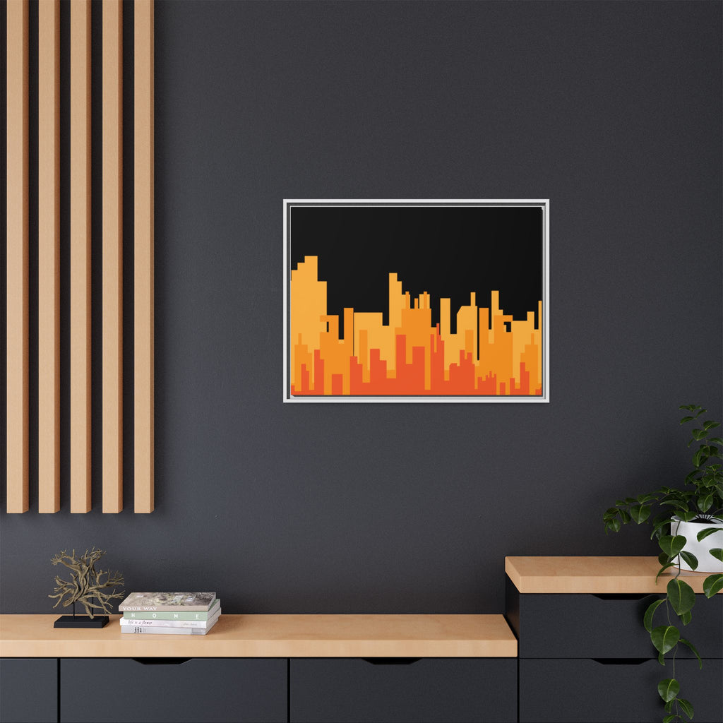 City Skyline Matte Canvas Print — Modern Pixelated Orange Urban Art (Framed)