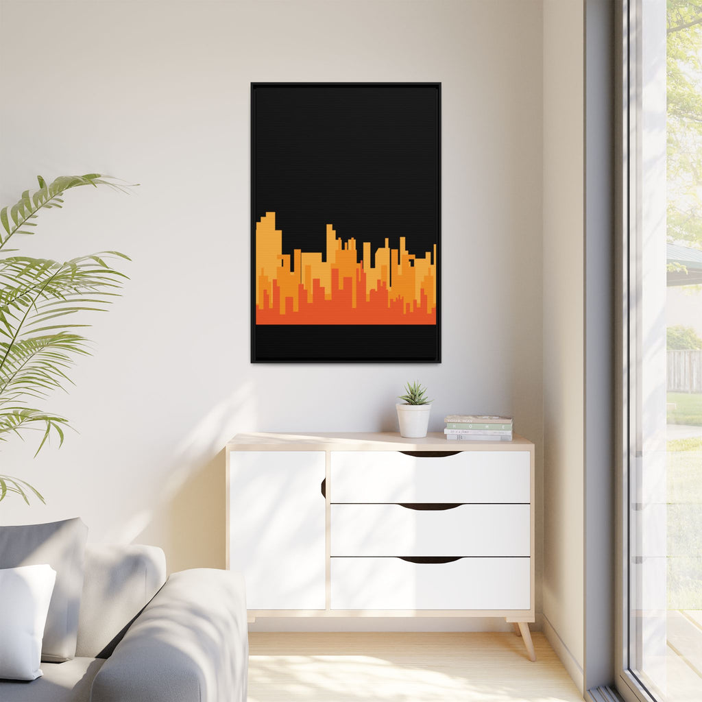 City Skyline Matte Canvas Print — Modern Pixelated Orange Urban Art (Framed)