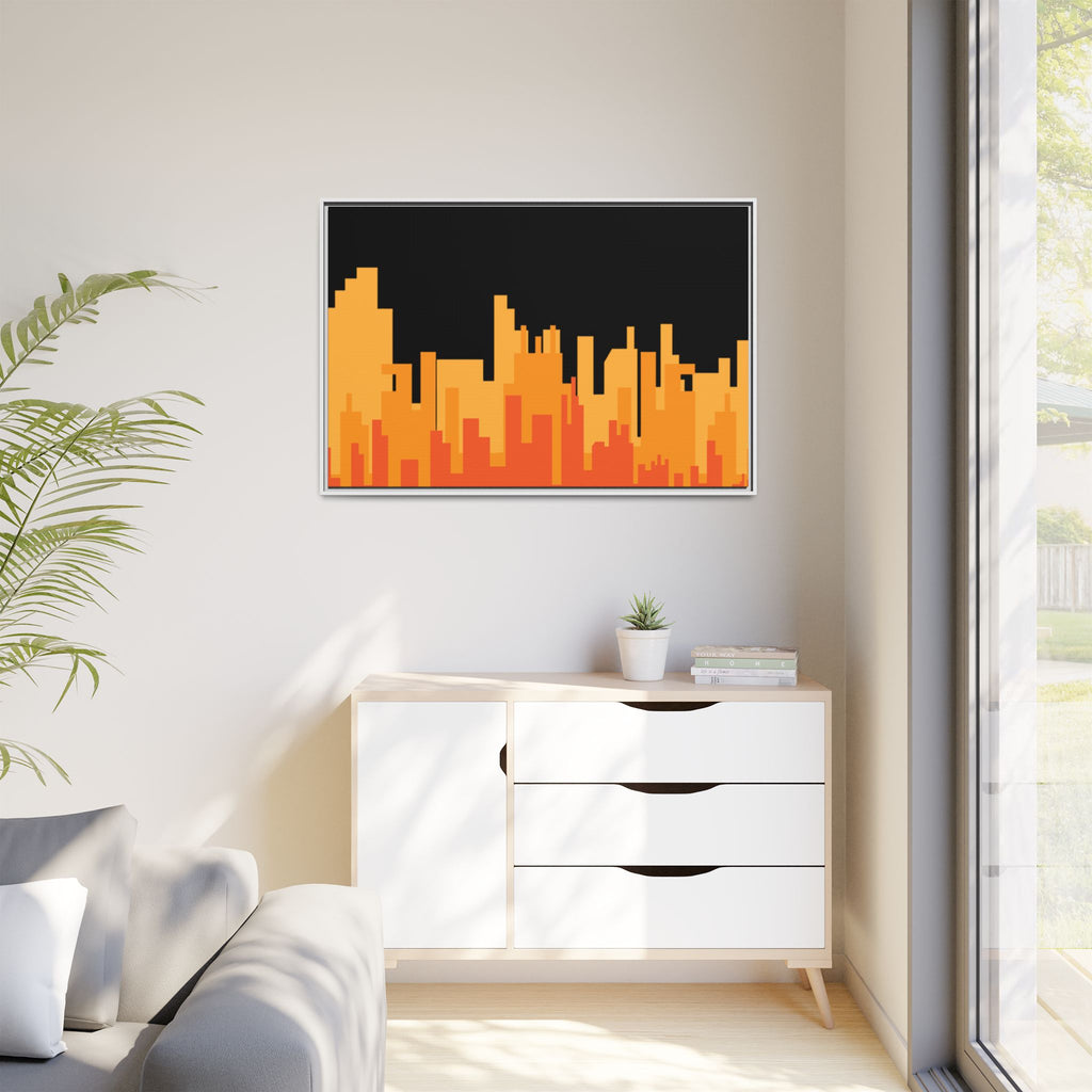 City Skyline Matte Canvas Print — Modern Pixelated Orange Urban Art (Framed)