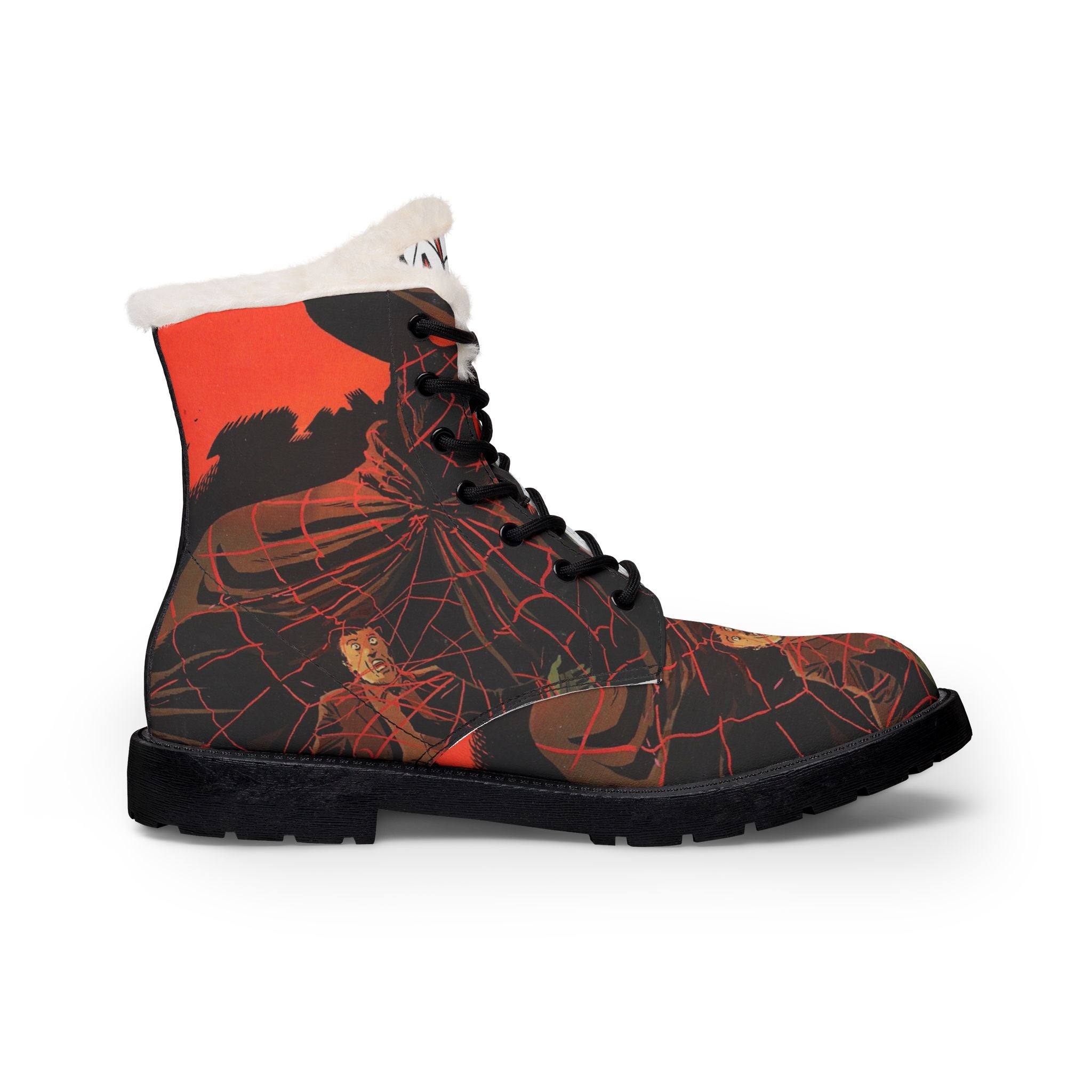 Women Fur-Lined Leather Boots — Fiery Spider Comic Print