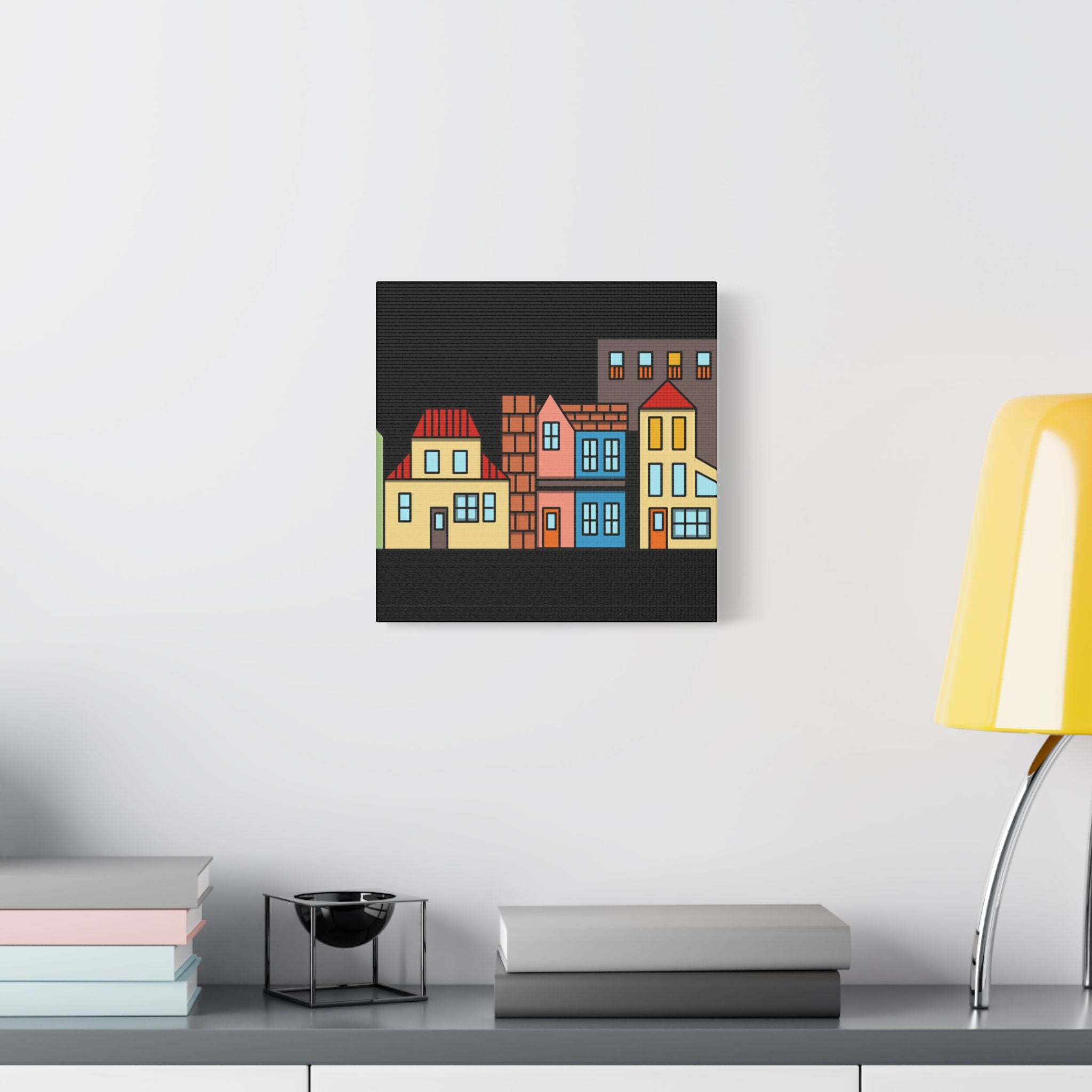 Colorful Row Houses Satin Canvas Wall Art — Stretched Cityscape Print