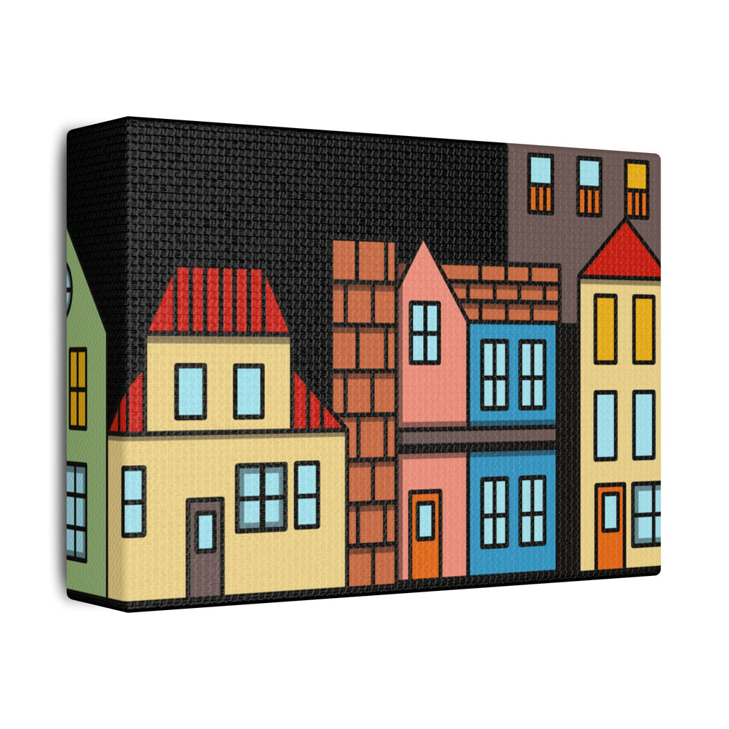 Colorful Row Houses Satin Canvas Wall Art — Stretched Cityscape Print