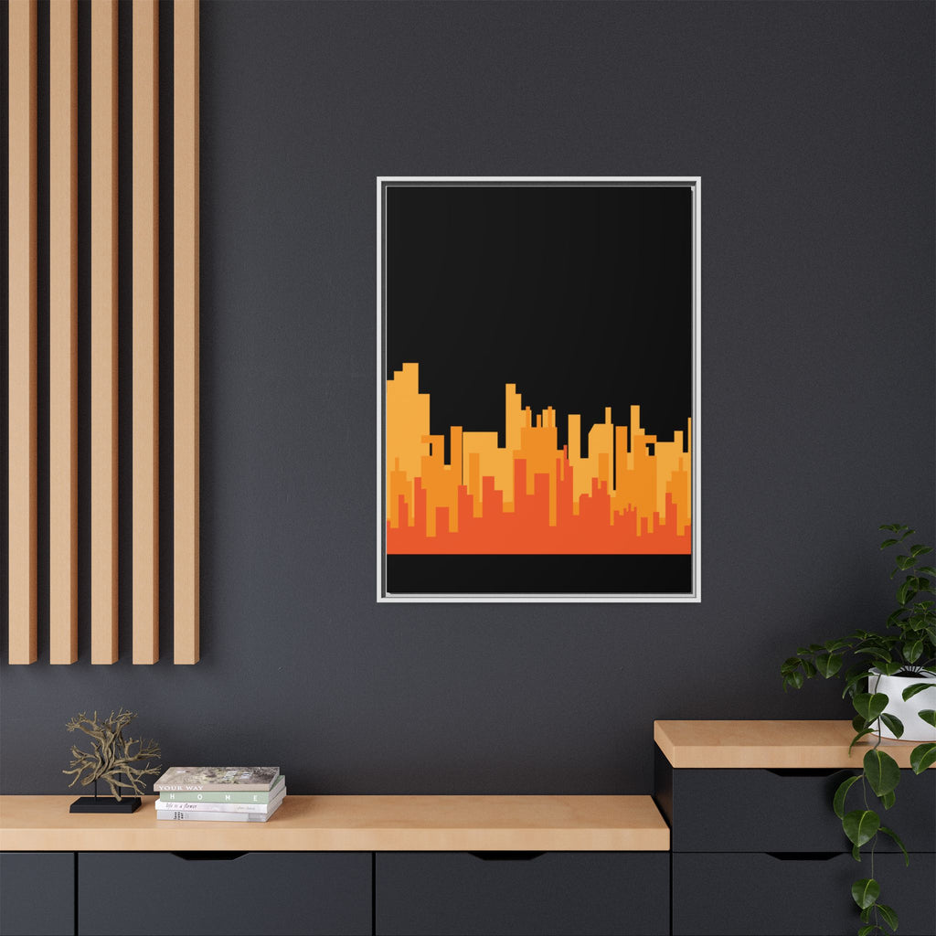 City Skyline Matte Canvas Print — Modern Pixelated Orange Urban Art (Framed)