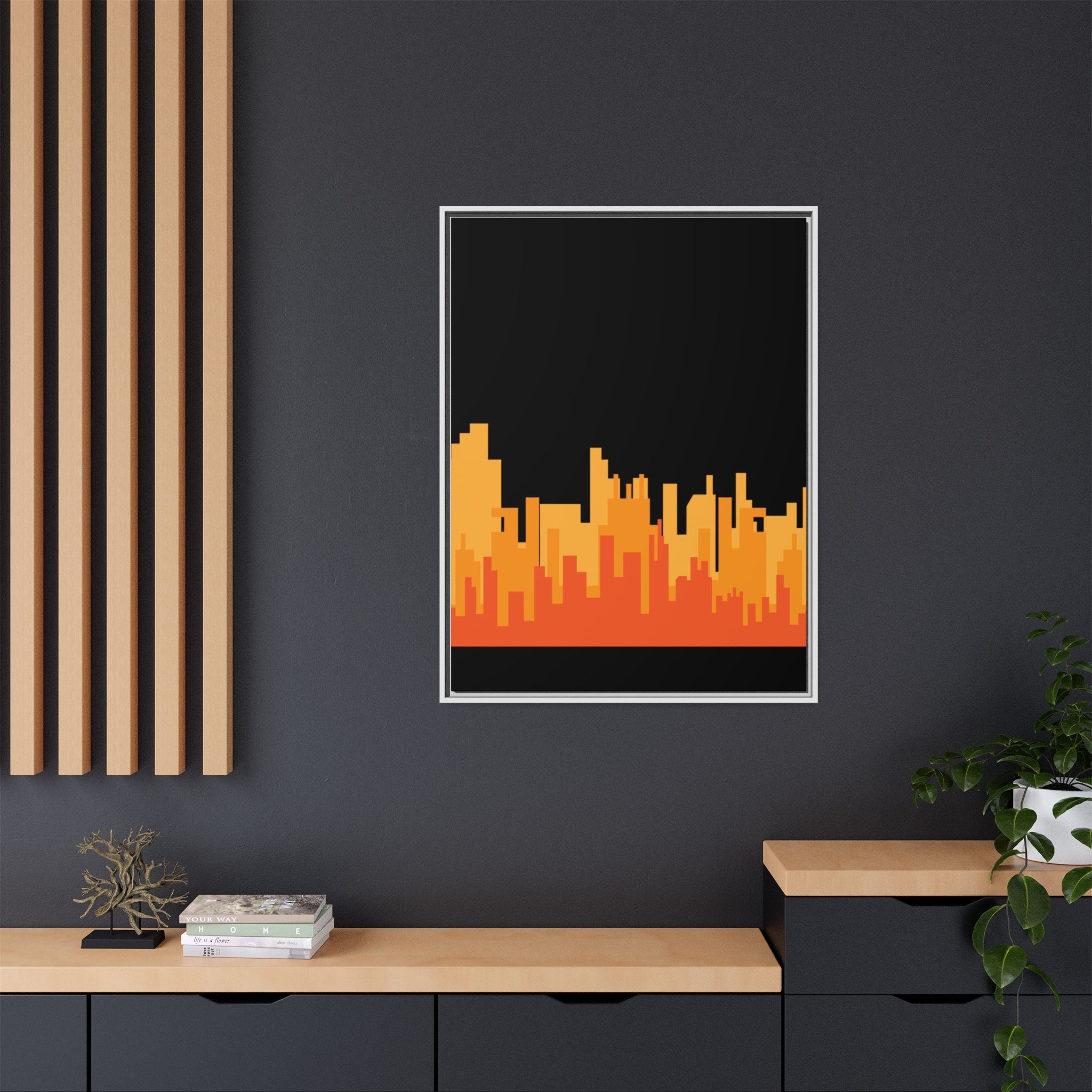 City Skyline Matte Canvas Print — Modern Pixelated Orange Urban Art (Framed)
