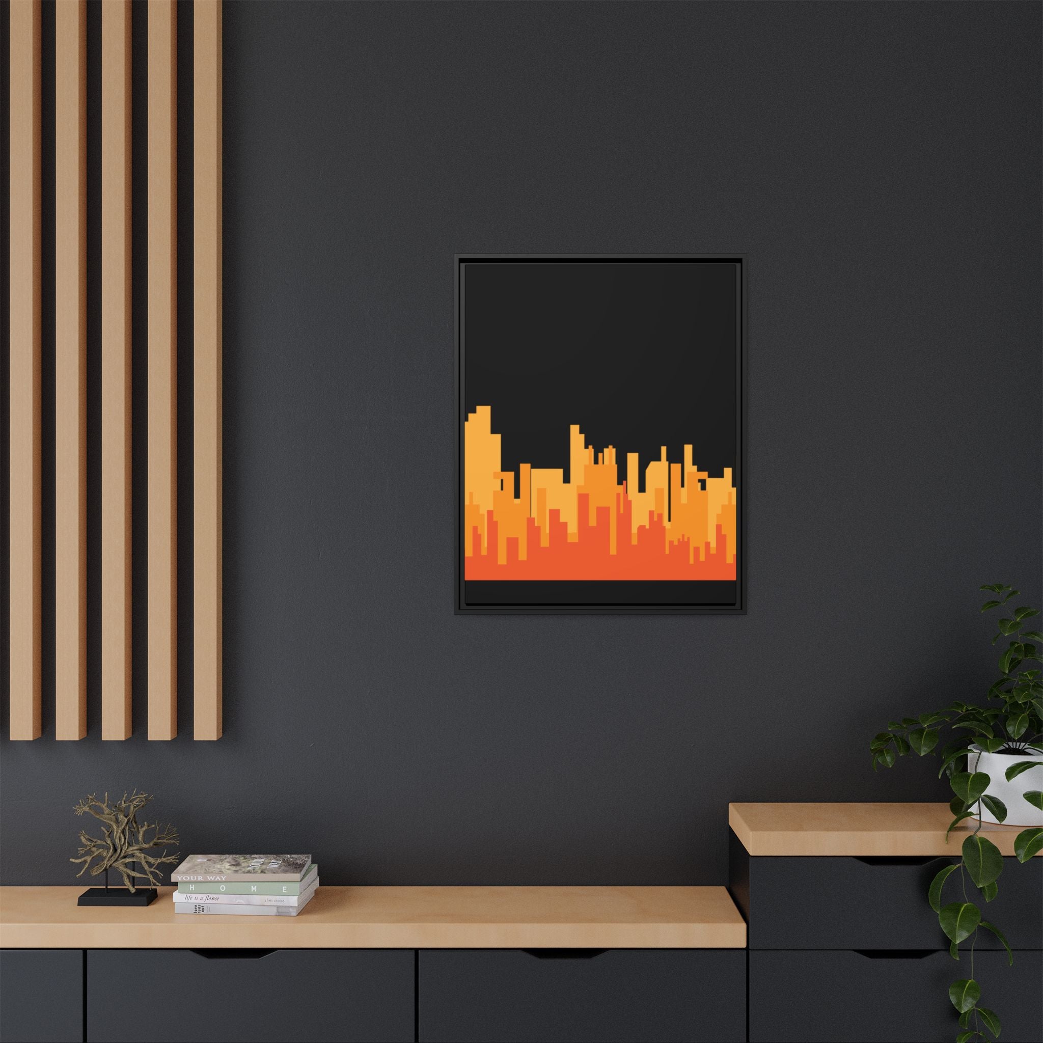 City Skyline Matte Canvas Print — Modern Pixelated Orange Urban Art (Framed)