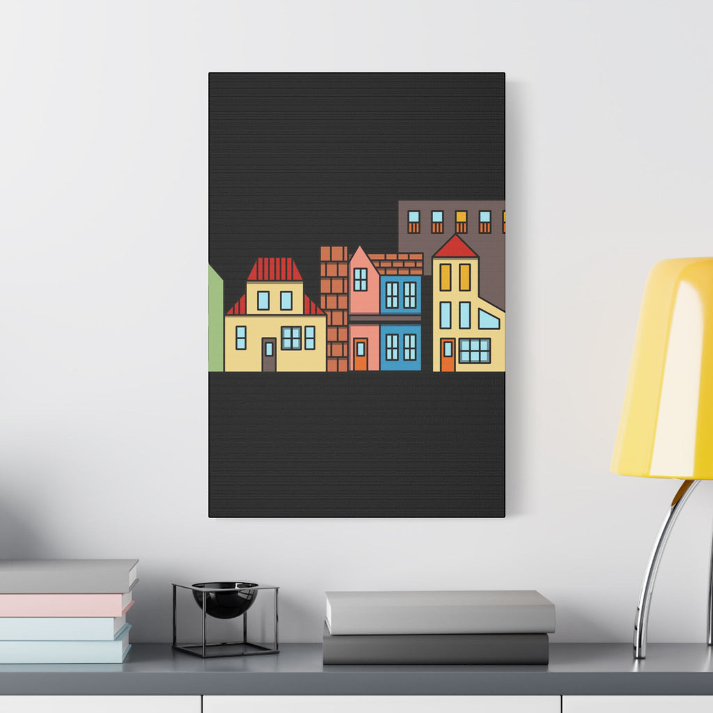 Colorful Row Houses Satin Canvas Wall Art — Stretched Cityscape Print
