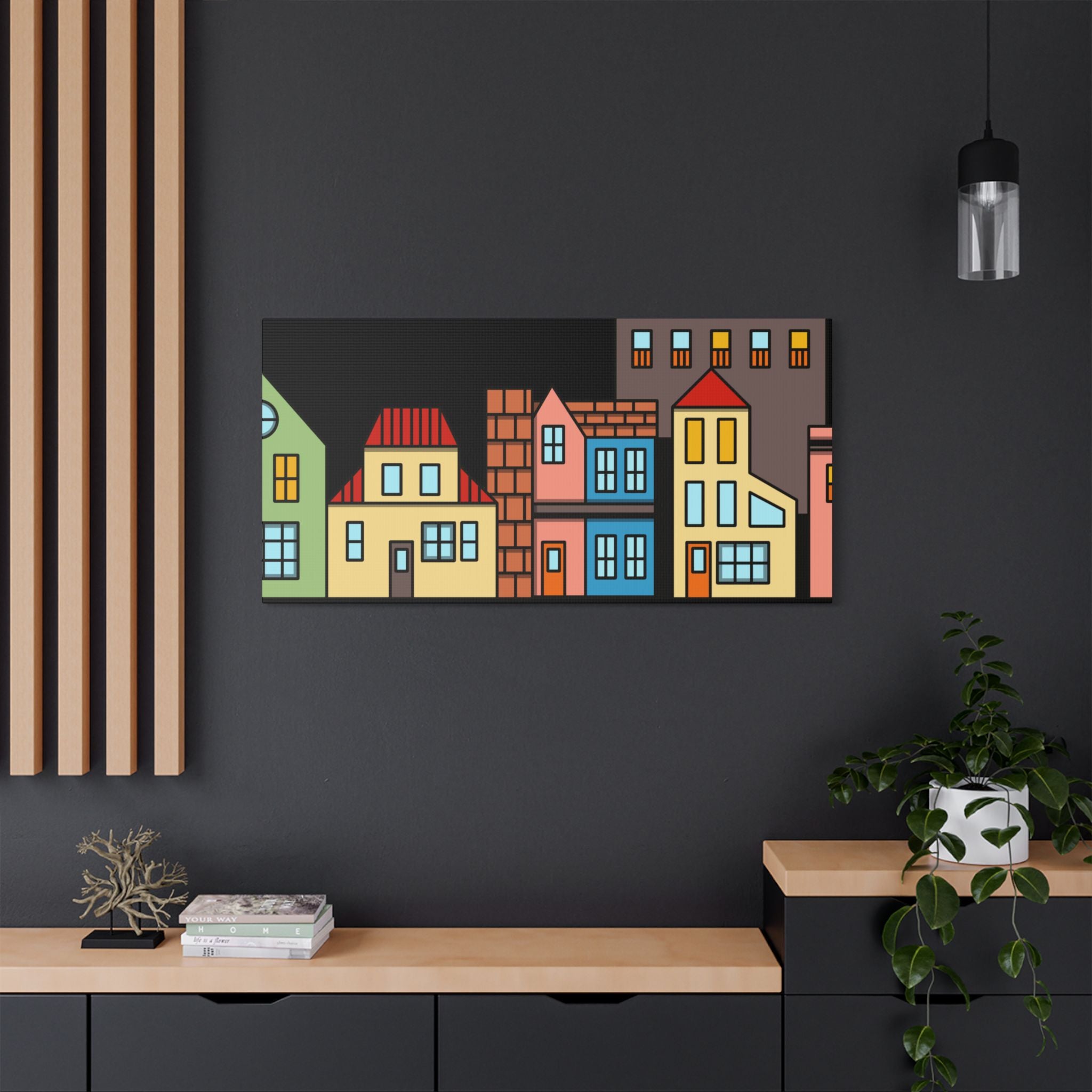 Colorful Row Houses Satin Canvas Wall Art — Stretched Cityscape Print