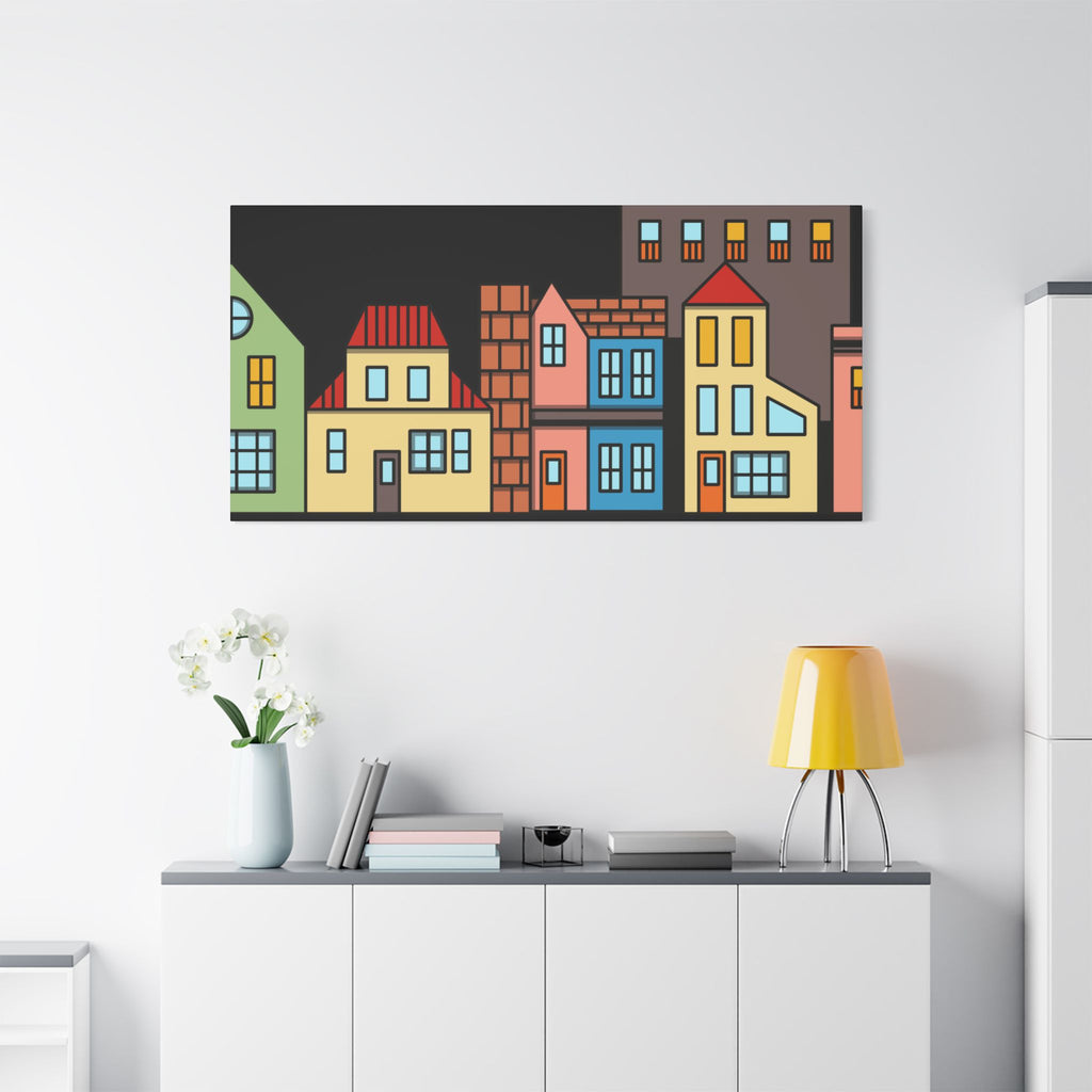 Colorful Row Houses Satin Canvas Wall Art — Stretched Cityscape Print