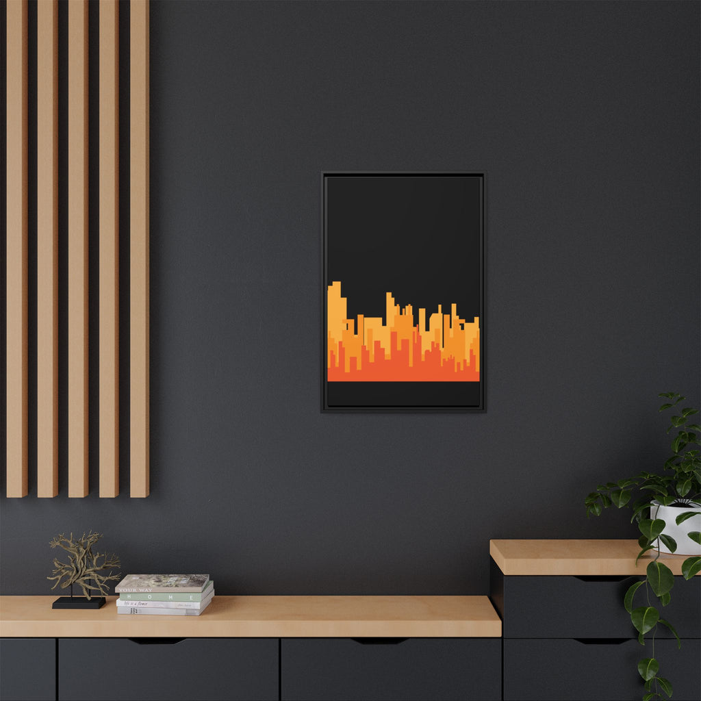 City Skyline Matte Canvas Print — Modern Pixelated Orange Urban Art (Framed)