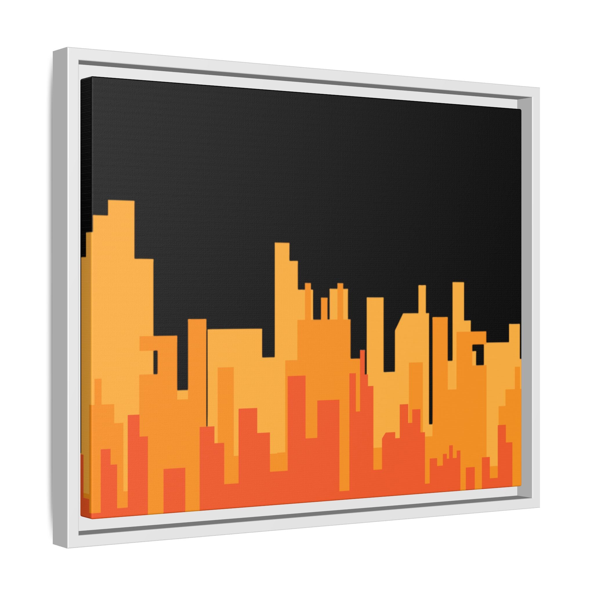 City Skyline Matte Canvas Print — Modern Pixelated Orange Urban Art (Framed)