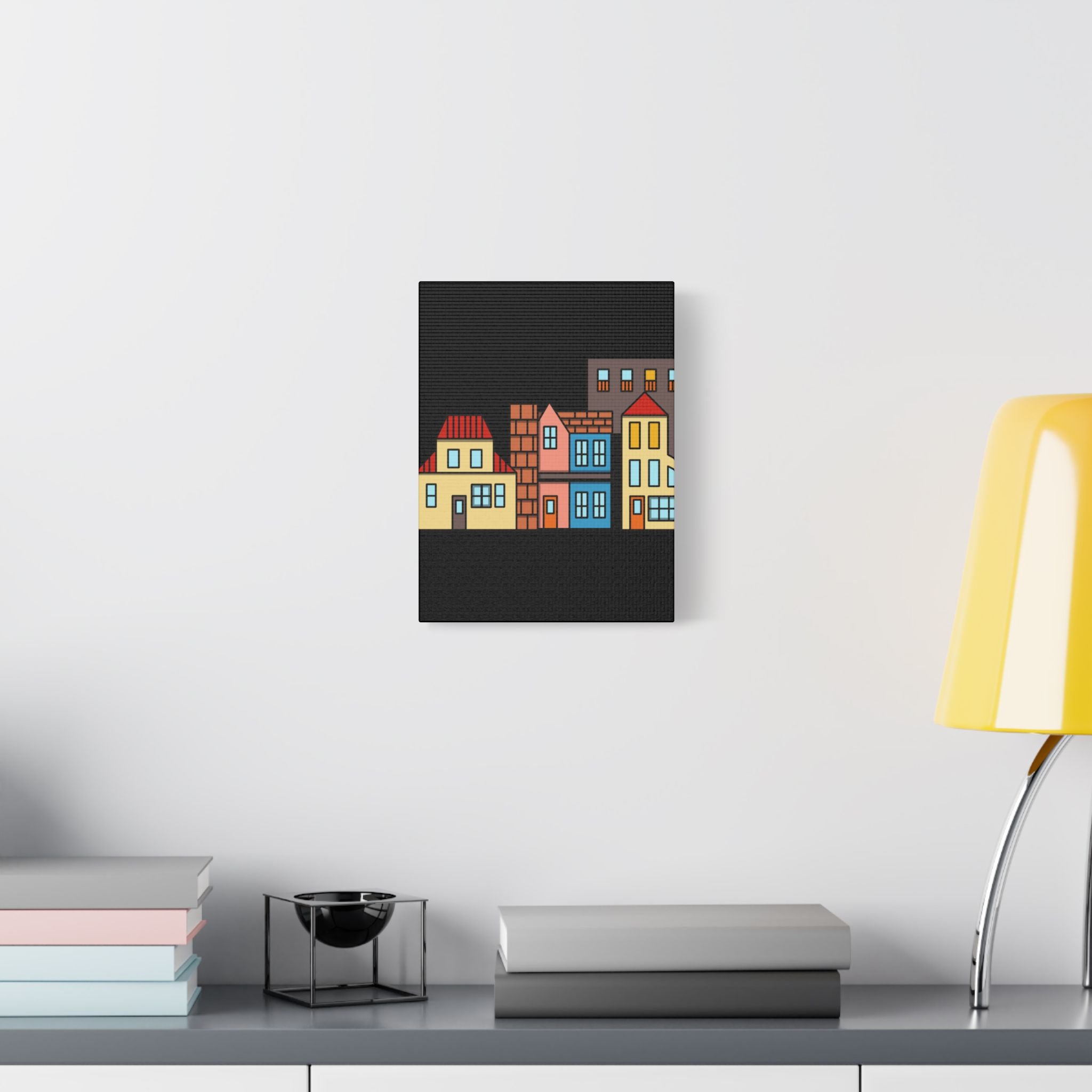 Colorful Row Houses Satin Canvas Wall Art — Stretched Cityscape Print