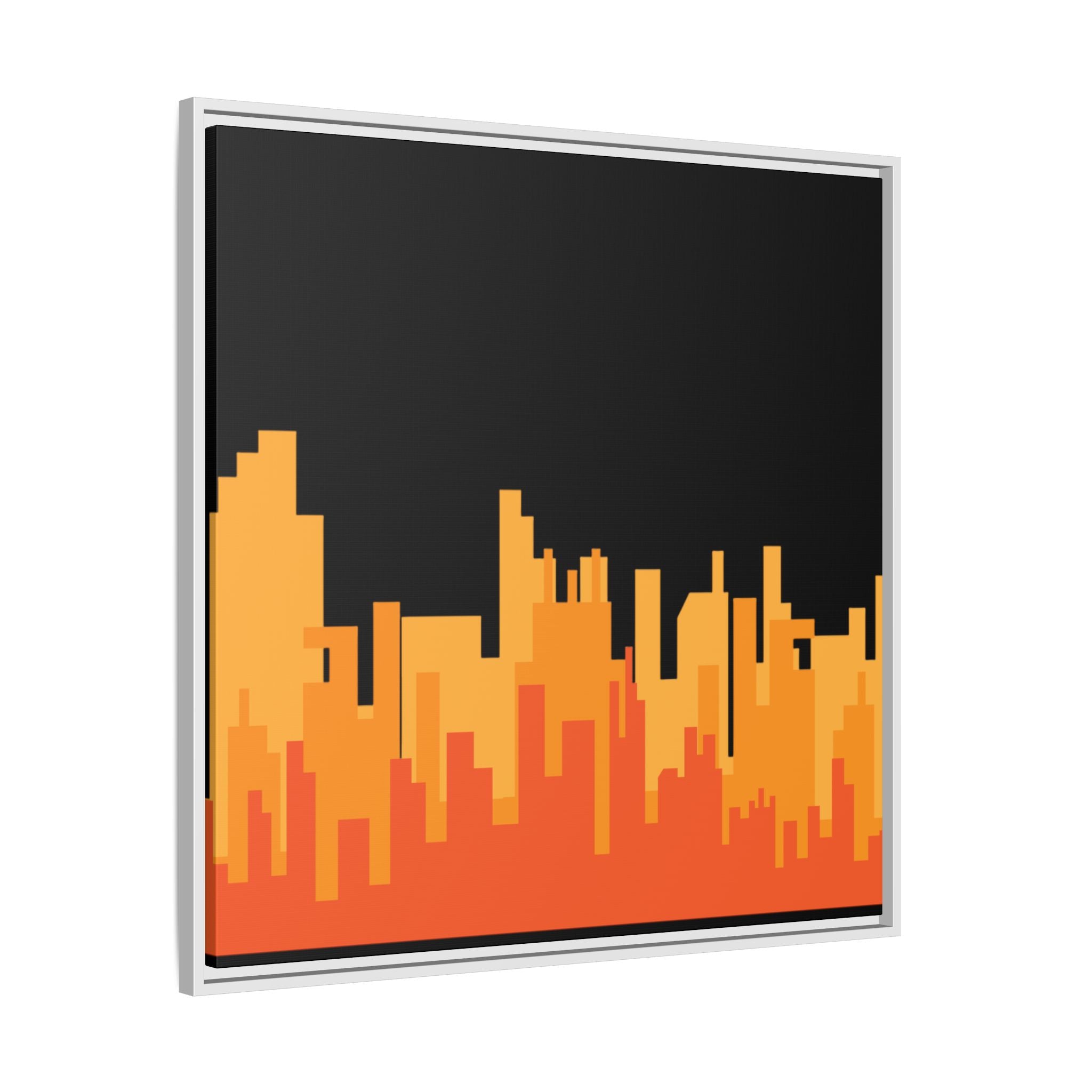 City Skyline Matte Canvas Print — Modern Pixelated Orange Urban Art (Framed)