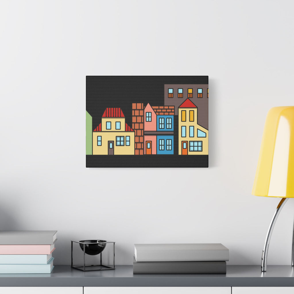 Colorful Row Houses Satin Canvas Wall Art — Stretched Cityscape Print