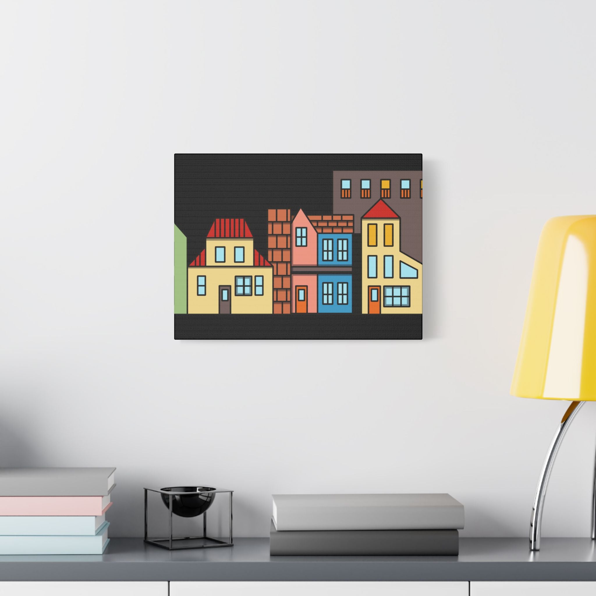 Colorful Row Houses Satin Canvas Wall Art — Stretched Cityscape Print