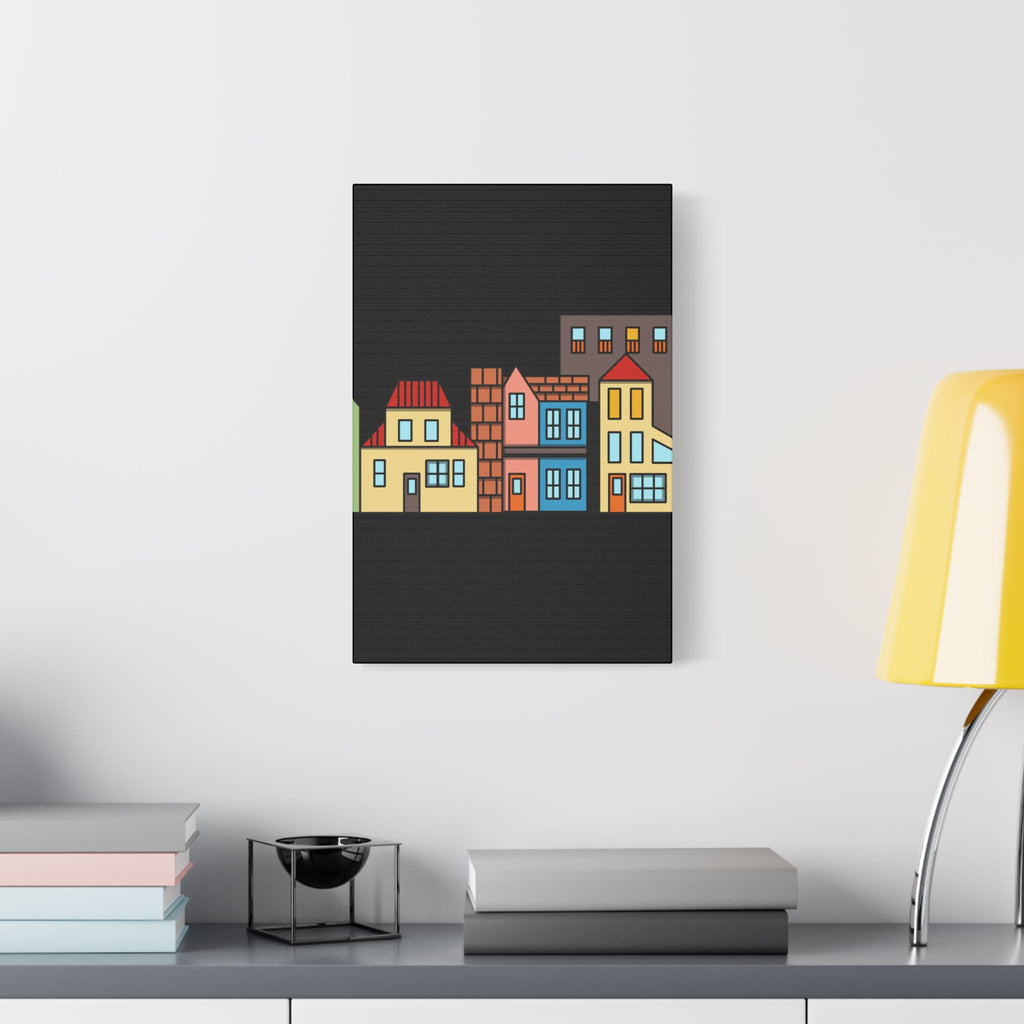 Colorful Row Houses Satin Canvas Wall Art — Stretched Cityscape Print