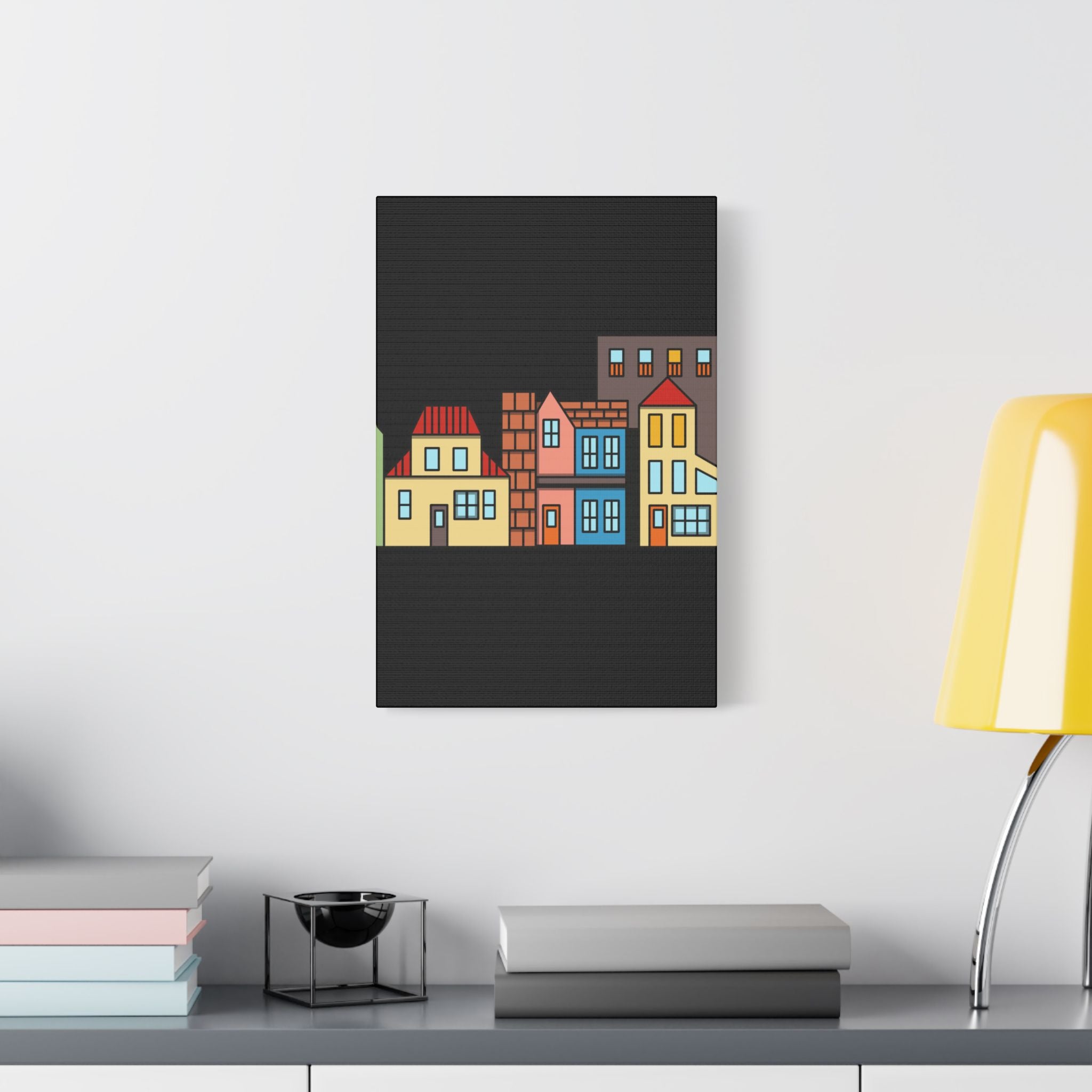 Colorful Row Houses Satin Canvas Wall Art — Stretched Cityscape Print