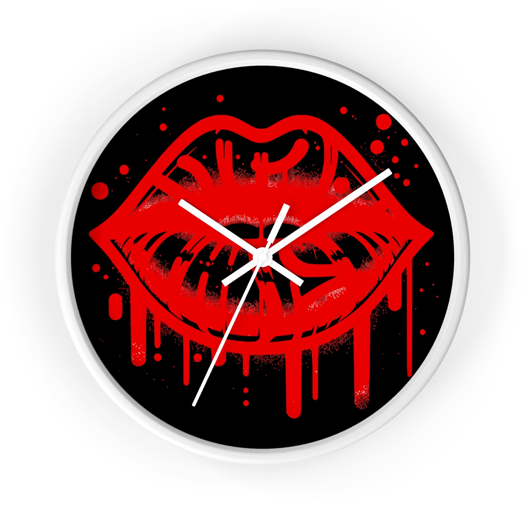 Red Graffiti Kiss Wall Clock on Black— Bold Drip Lip Art Clock