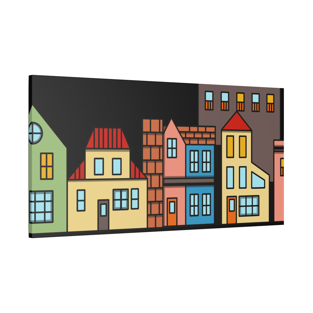 Colorful Row Houses Satin Canvas Wall Art — Stretched Cityscape Print