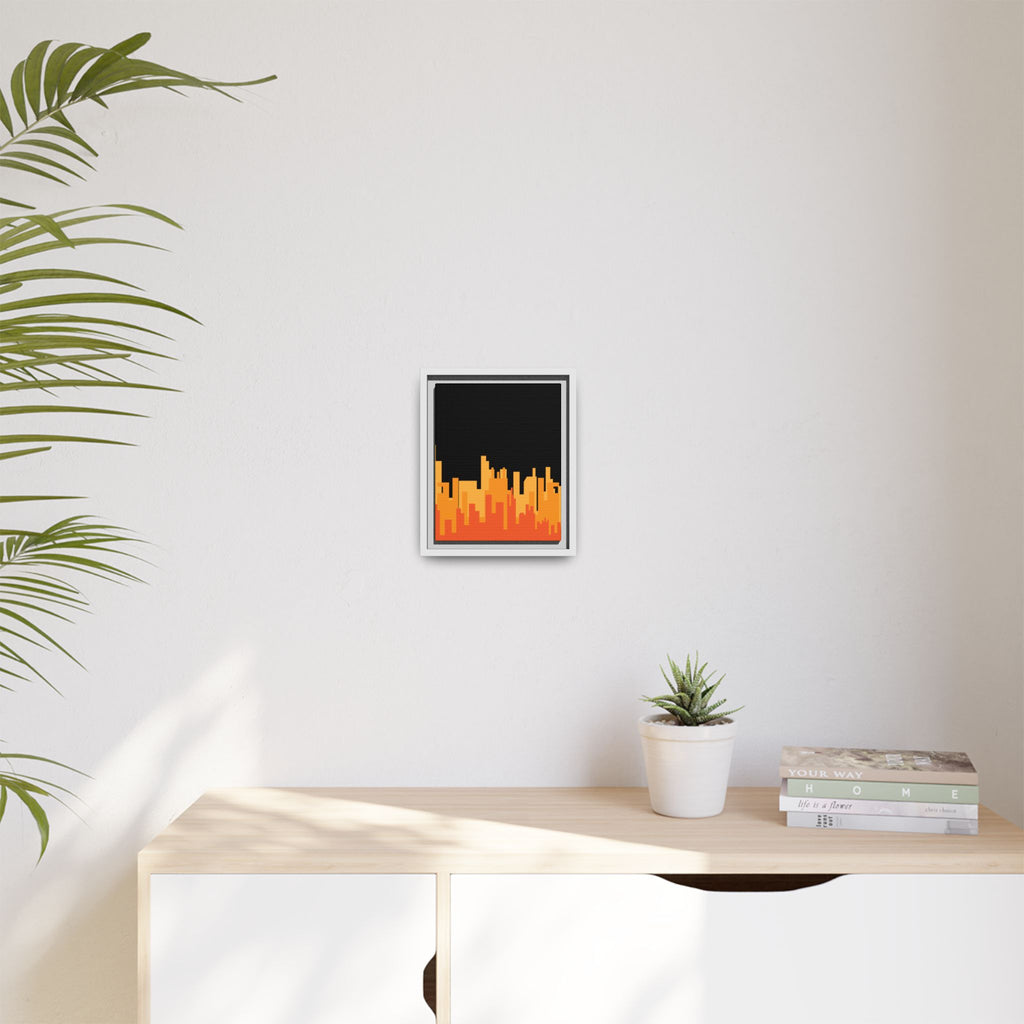 City Skyline Matte Canvas Print — Modern Pixelated Orange Urban Art (Framed)