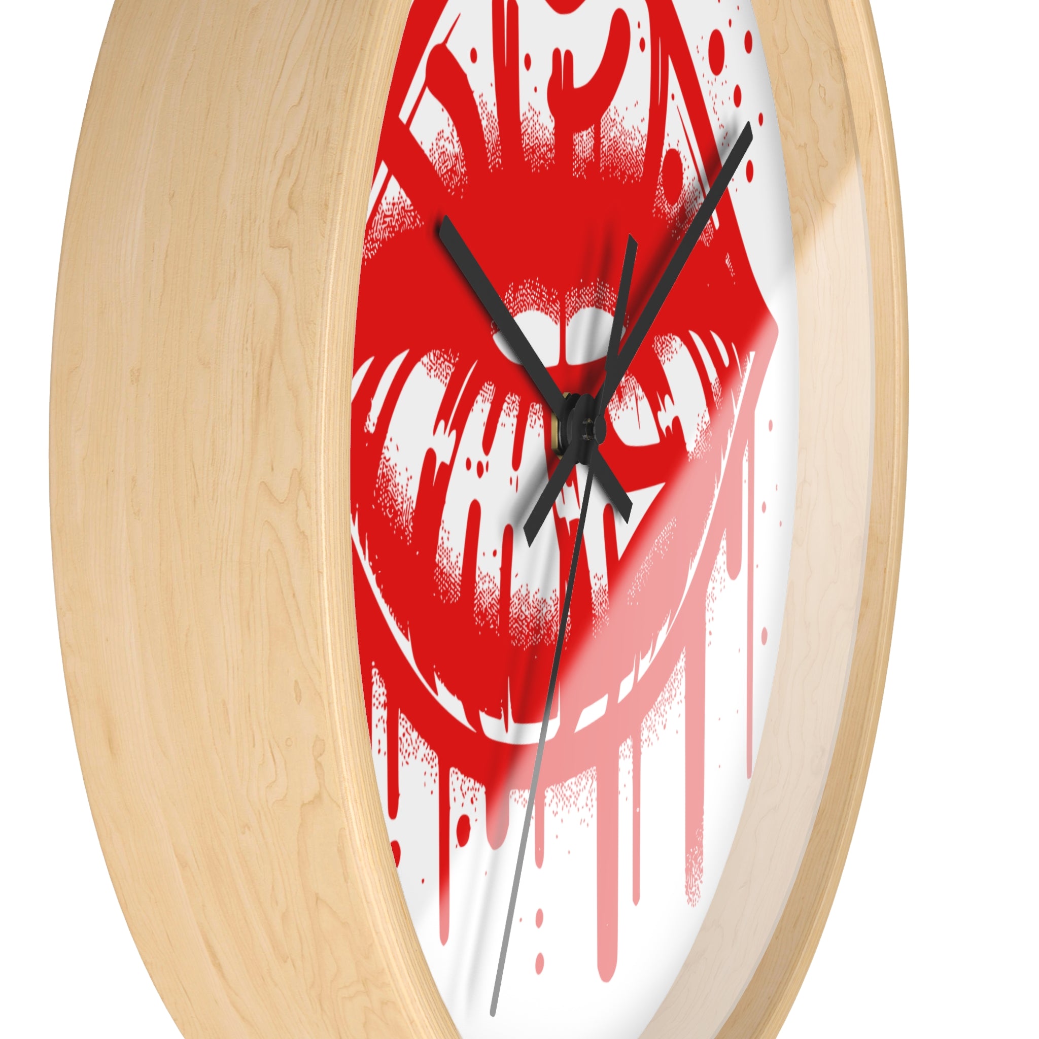 Red Graffiti Kiss Wall Clock on White — Bold Drip Lip Art Clock