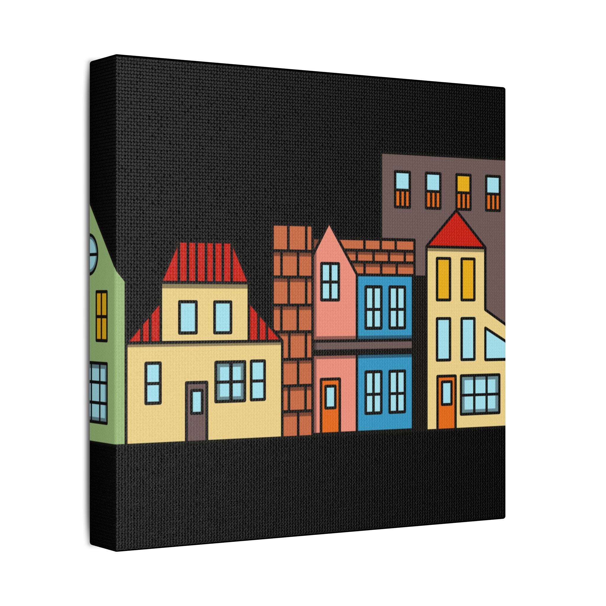 Colorful Row Houses Satin Canvas Wall Art — Stretched Cityscape Print