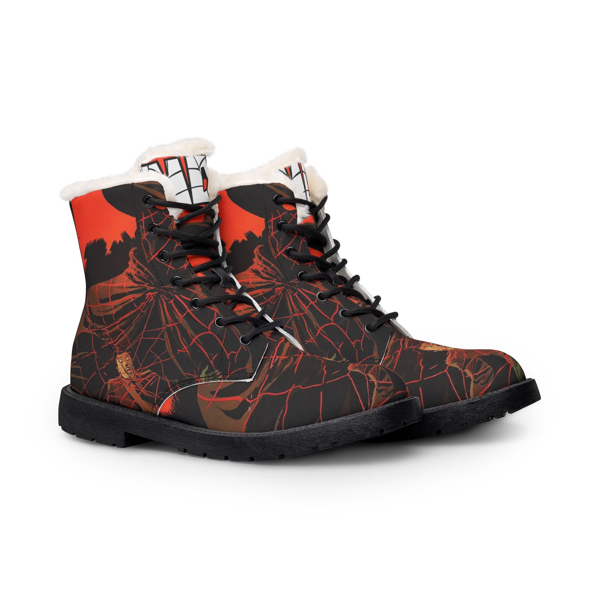 Women Fur-Lined Leather Boots — Fiery Spider Comic Print