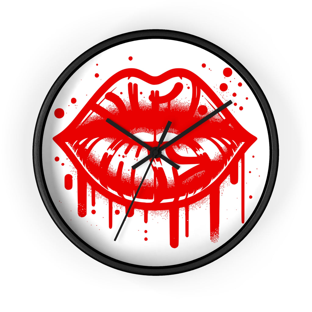 Red Graffiti Kiss Wall Clock on White — Bold Drip Lip Art Clock