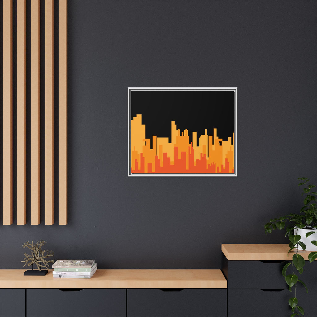 City Skyline Matte Canvas Print — Modern Pixelated Orange Urban Art (Framed)