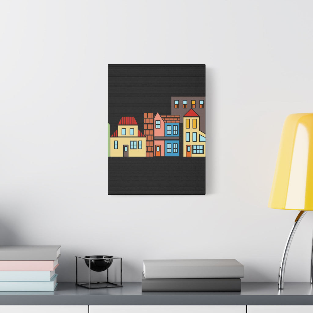 Colorful Row Houses Satin Canvas Wall Art — Stretched Cityscape Print
