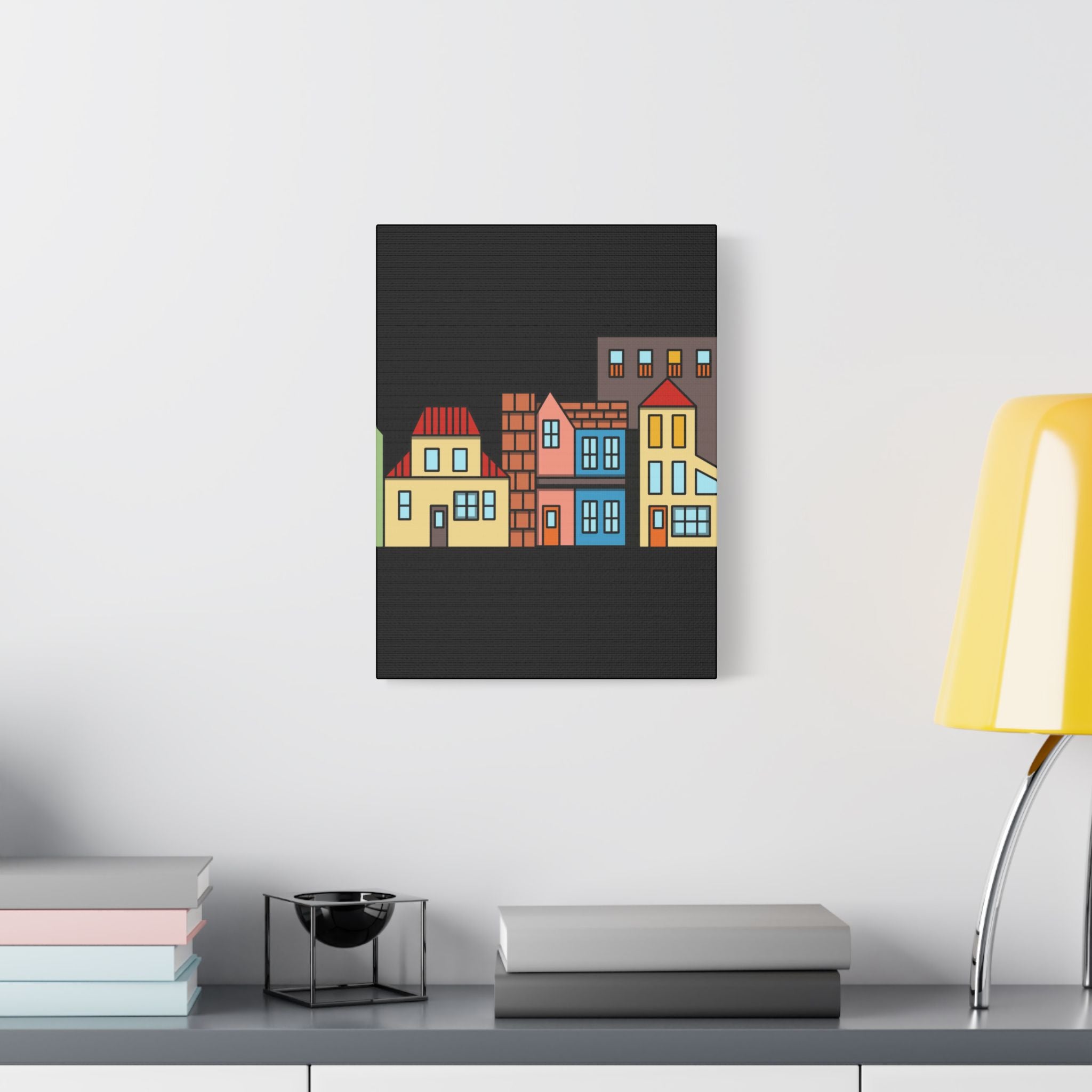 Colorful Row Houses Satin Canvas Wall Art — Stretched Cityscape Print