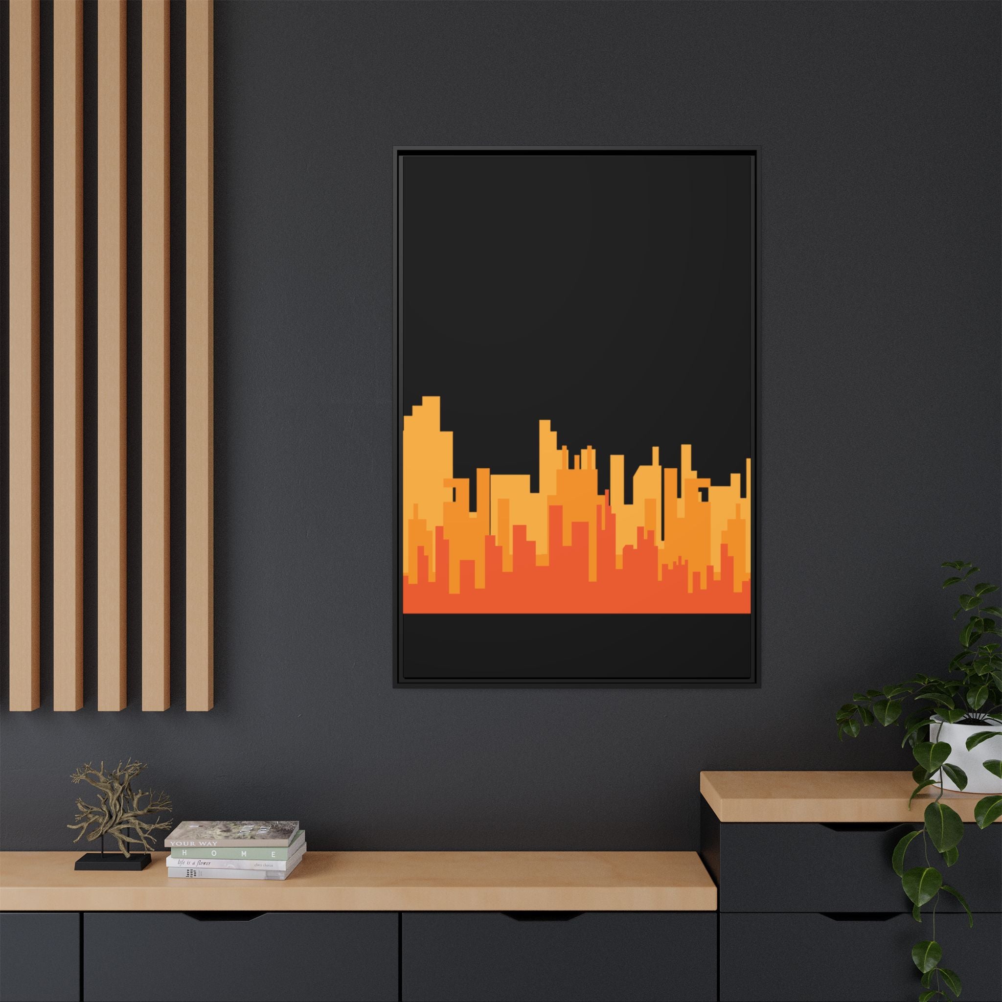 City Skyline Matte Canvas Print — Modern Pixelated Orange Urban Art (Framed)
