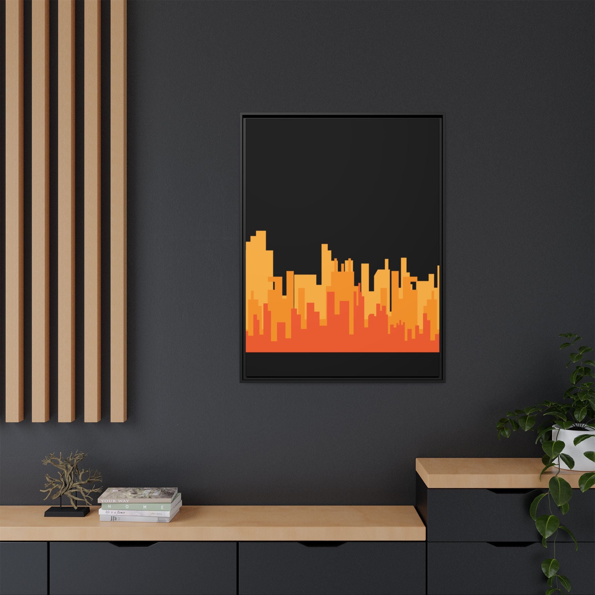 City Skyline Matte Canvas Print — Modern Pixelated Orange Urban Art (Framed)