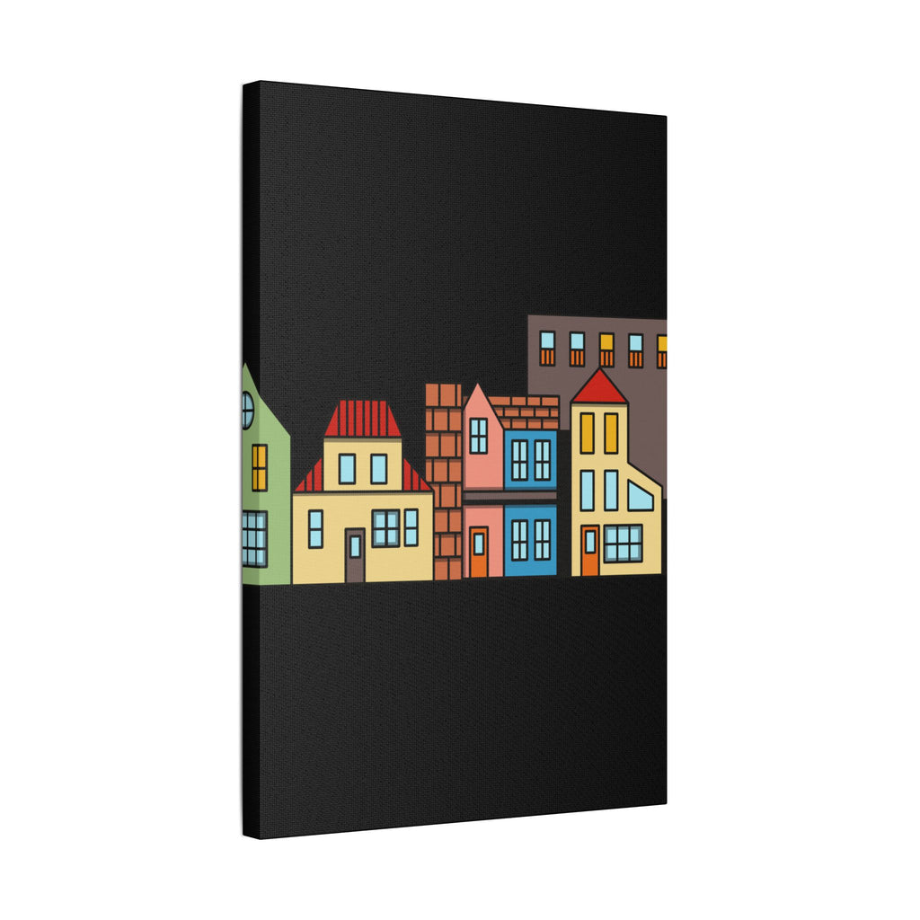 Colorful Row Houses Satin Canvas Wall Art — Stretched Cityscape Print