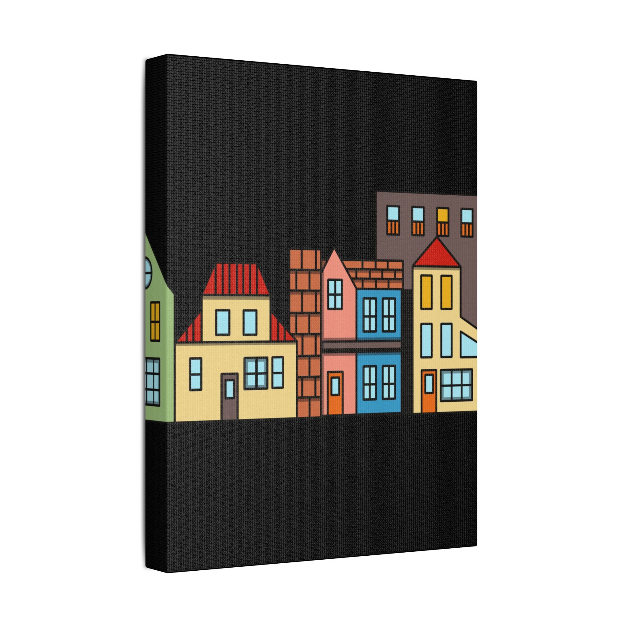 Colorful Row Houses Satin Canvas Wall Art — Stretched Cityscape Print