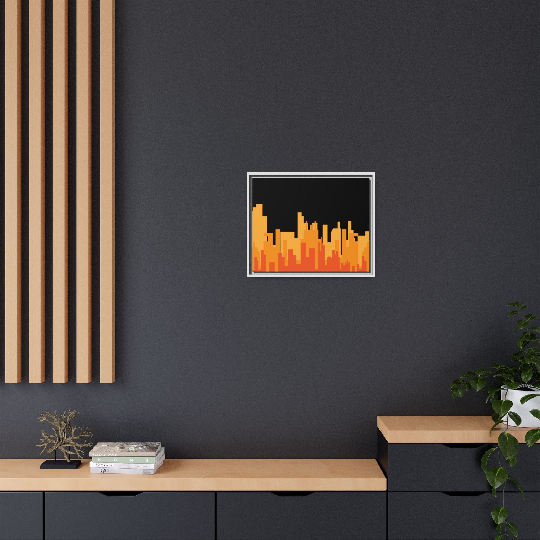 City Skyline Matte Canvas Print — Modern Pixelated Orange Urban Art (Framed)